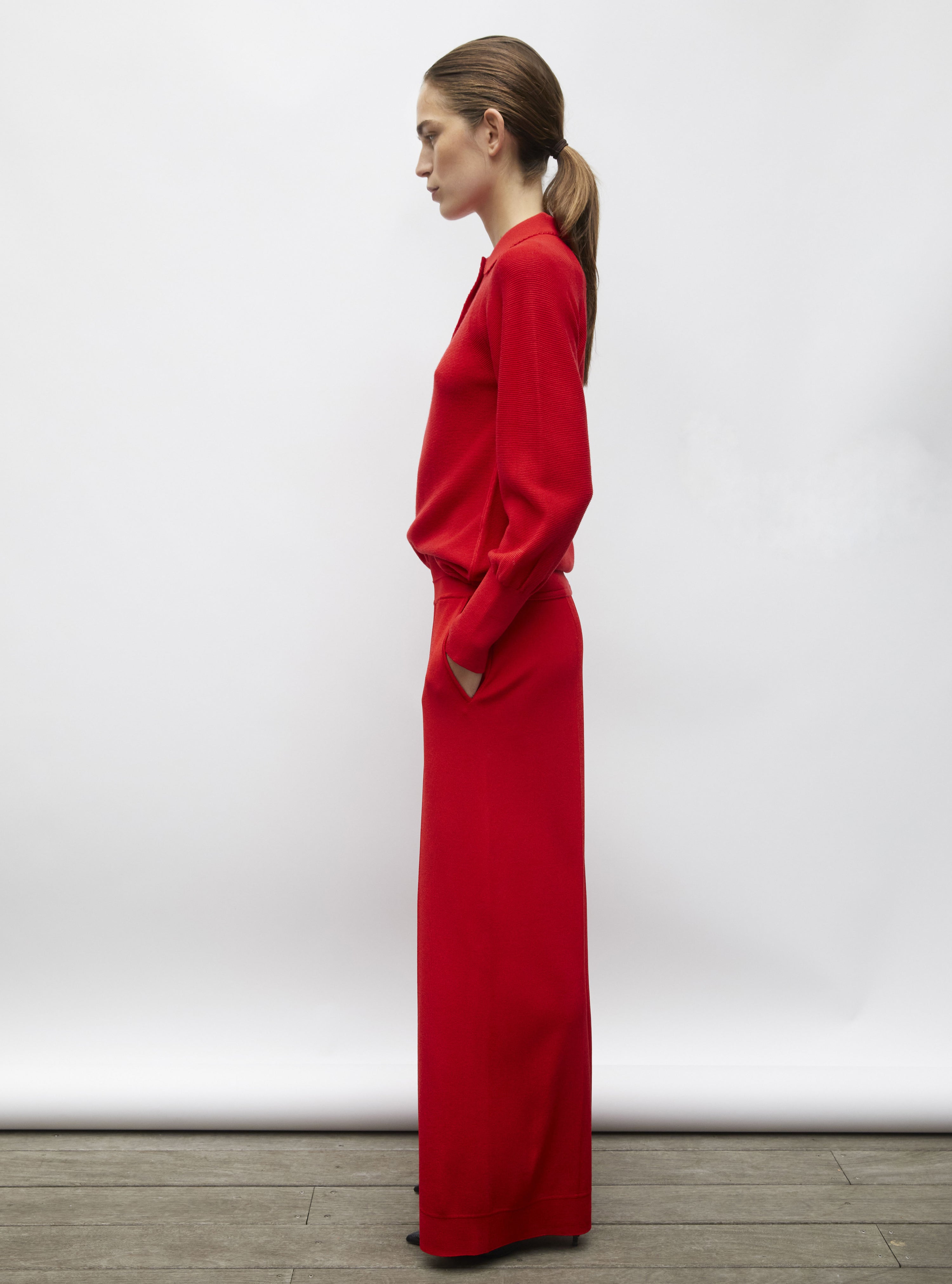 Pantalon de luxe femme - Pantalon ample maille couture rouge vif