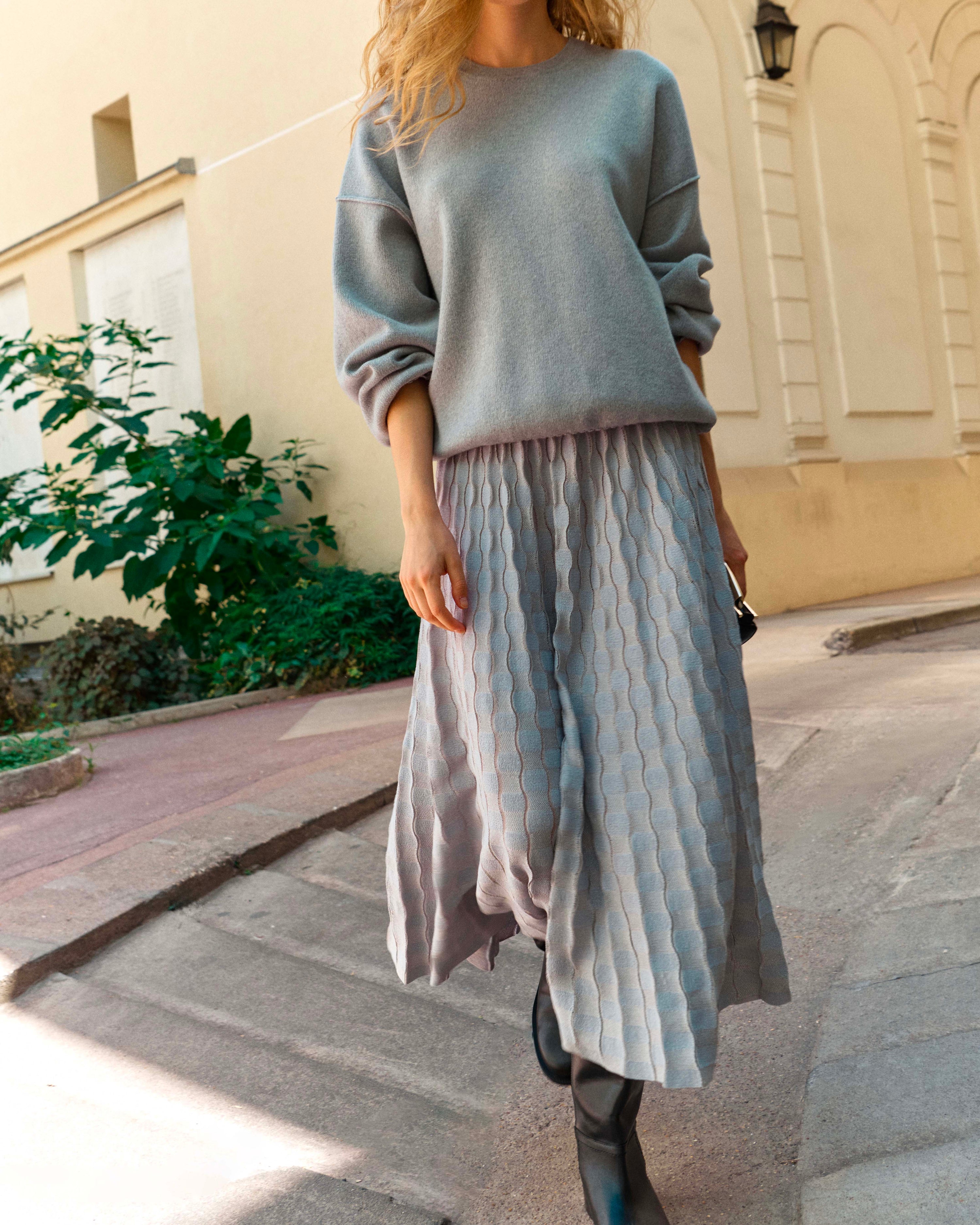 Jupe de luxe femme - Jupe délicate maille ondulée gris chiné clair