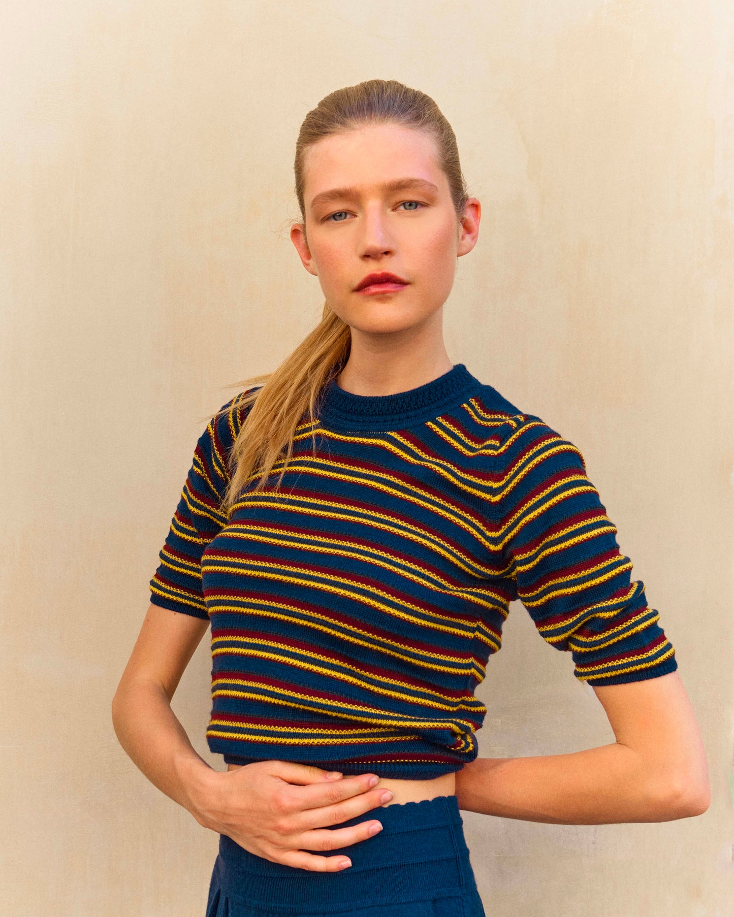 Top fin maille rayée colorée indigo amarante mimosa - Vêtement en maille de luxe Molli