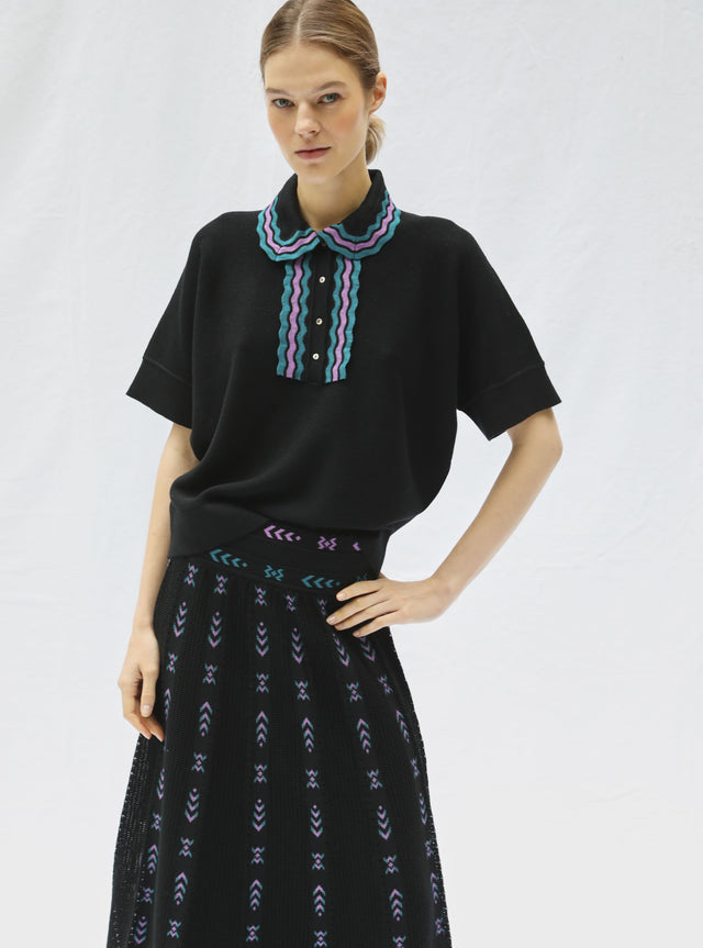 wide knit top rick-rack edged collar - Image principale