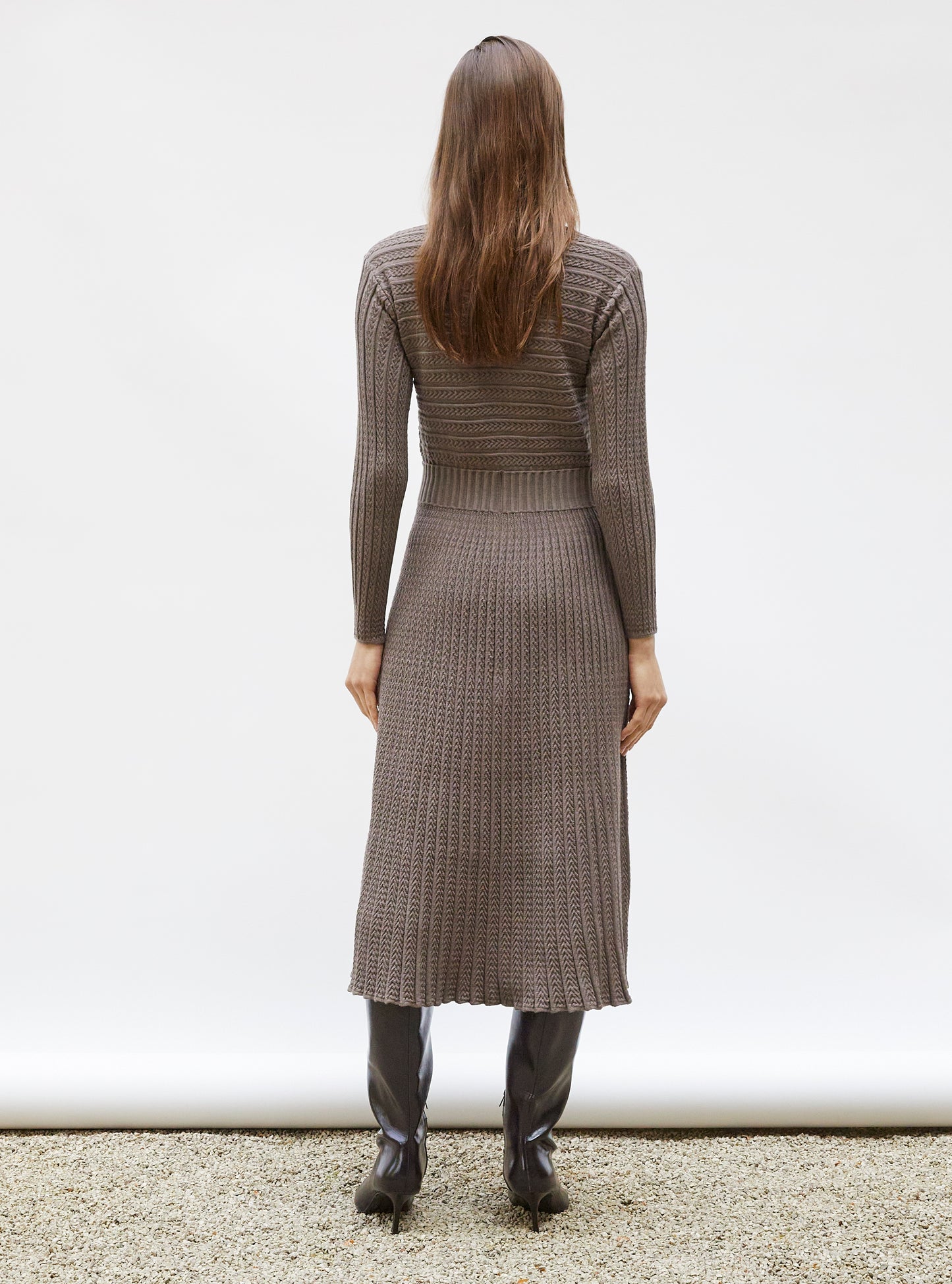 Robe de luxe femme - Robe longue maille plissée châtaigne
