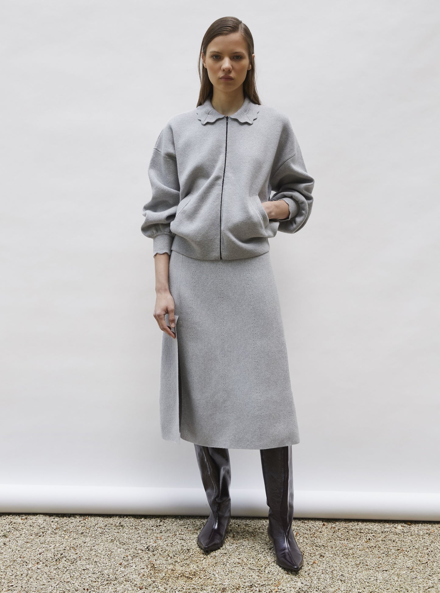 Veste en maille col croquet Gris souris - Vêtement de luxe femme