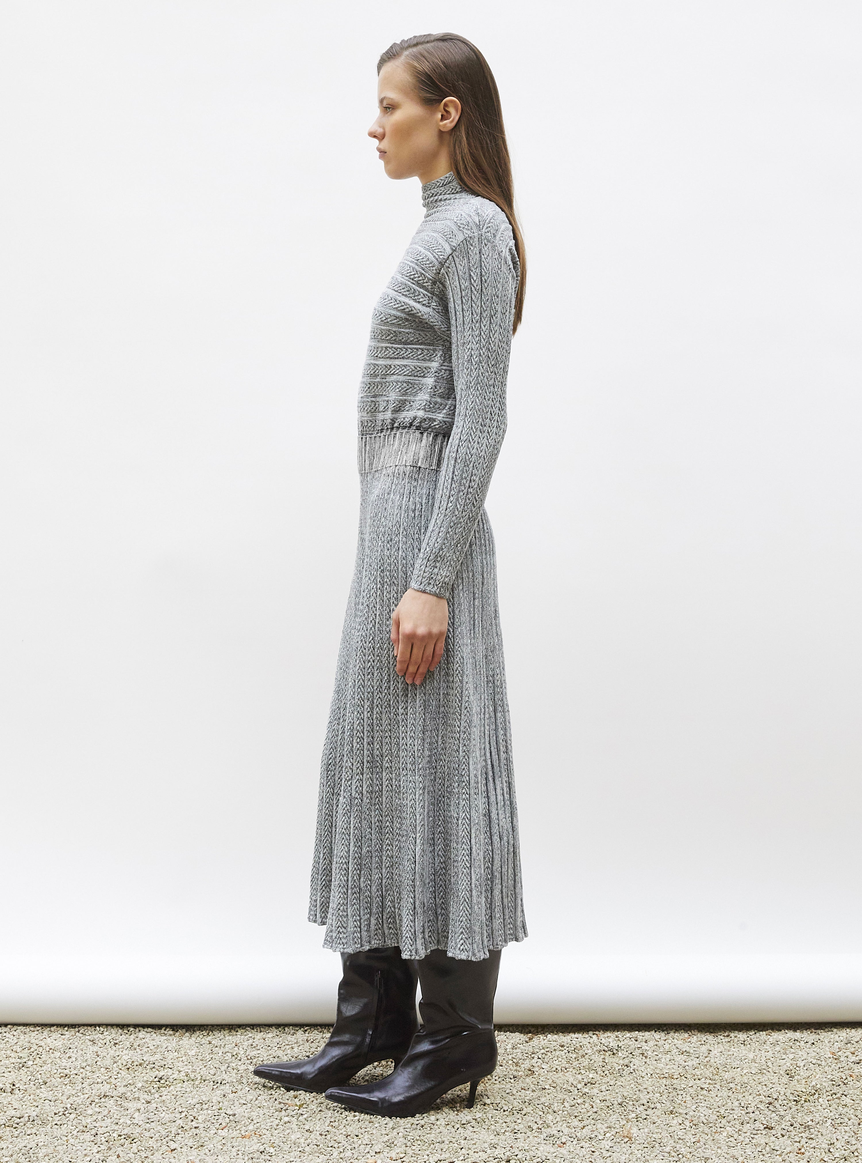 Robe longue maille plissée noir mouliné - Robe de luxe