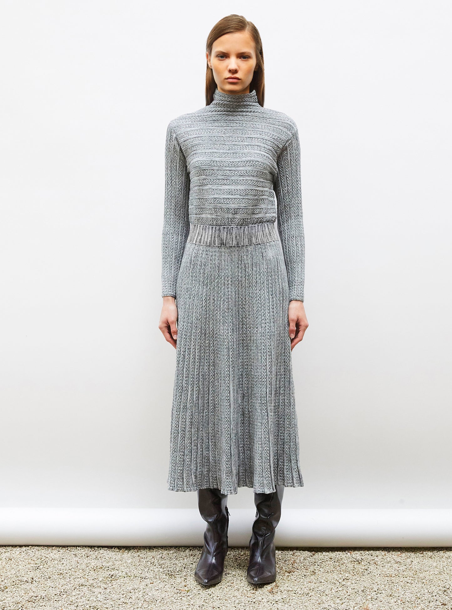 Robe longue maille plissée noir mouliné - Vêtement en maille de luxe Molli