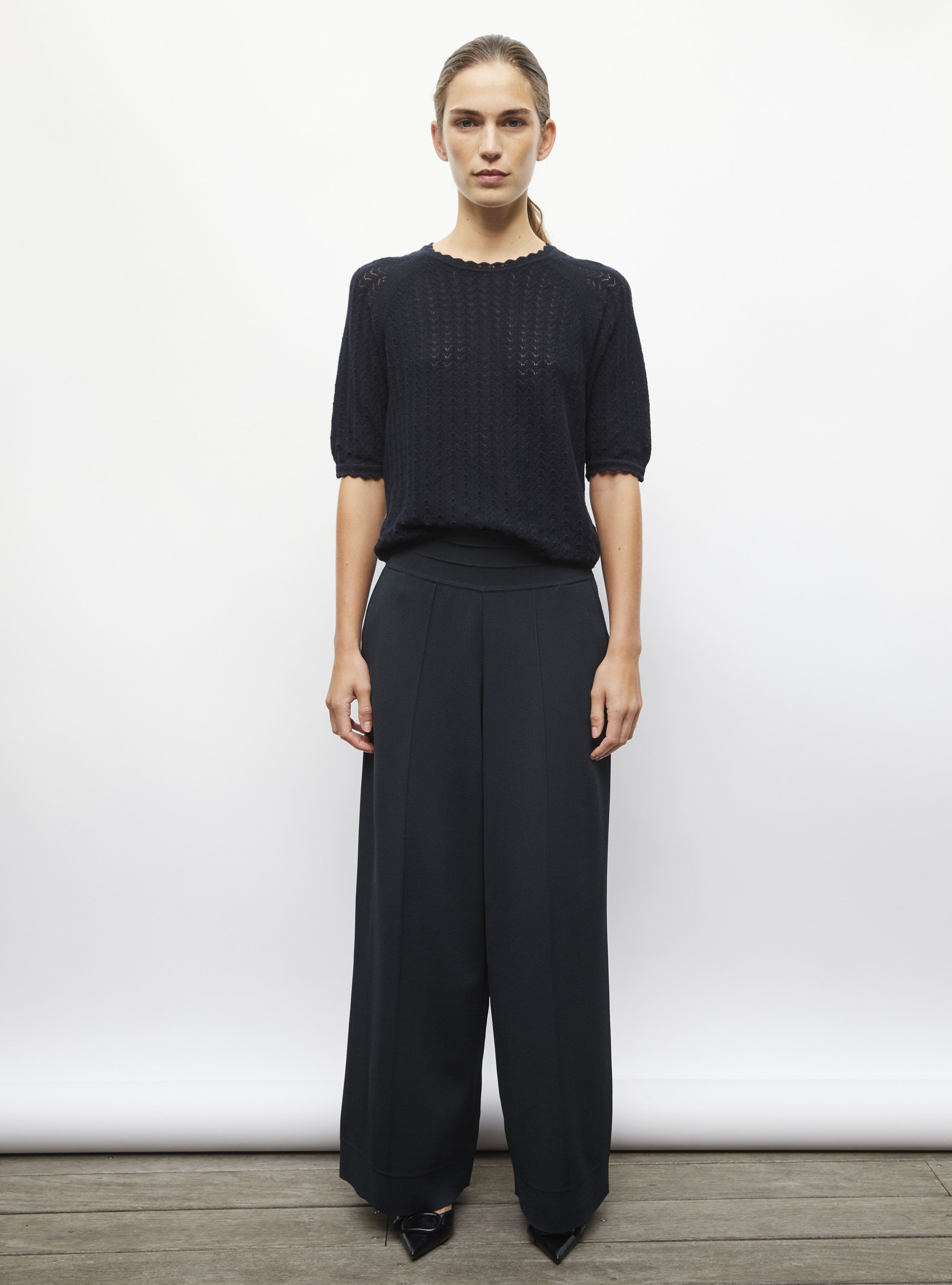 Top de luxe femme - Top manches coudes maille pointelle Nuit