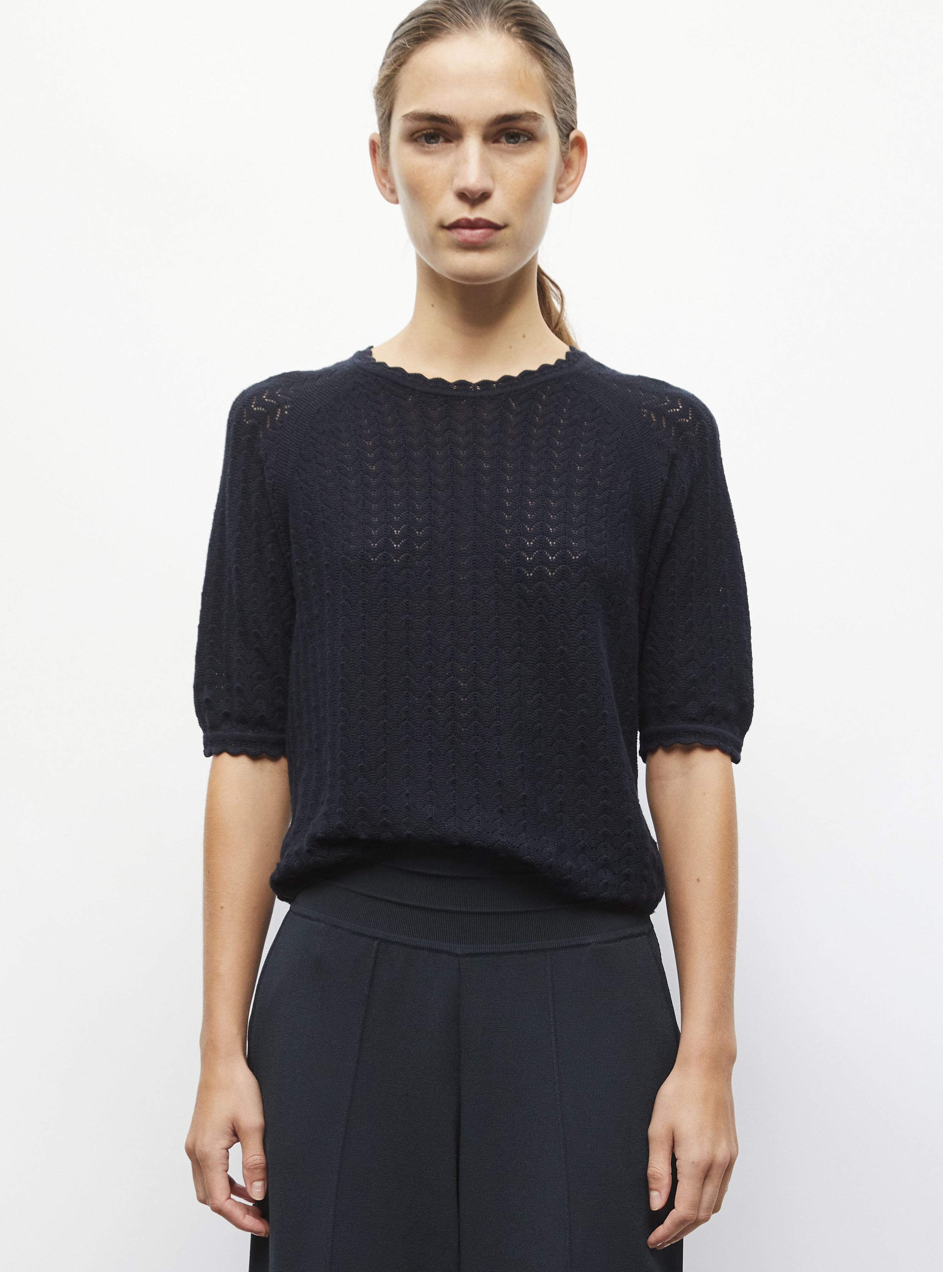 Top manches coudes maille pointelle Nuit - Vêtement en maille de luxe Molli