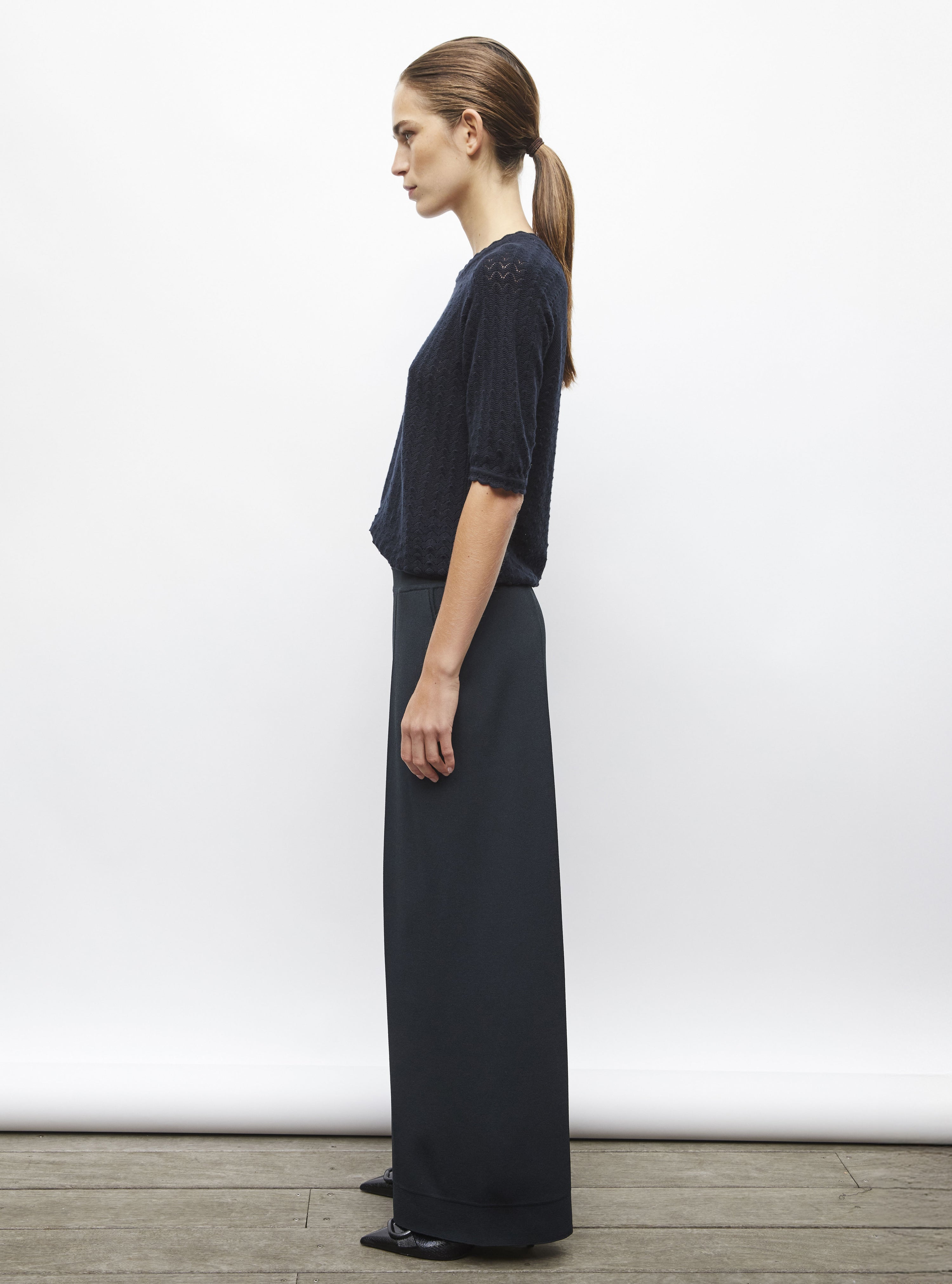 Top manches coudes maille pointelle Nuit - Vêtement de luxe femme