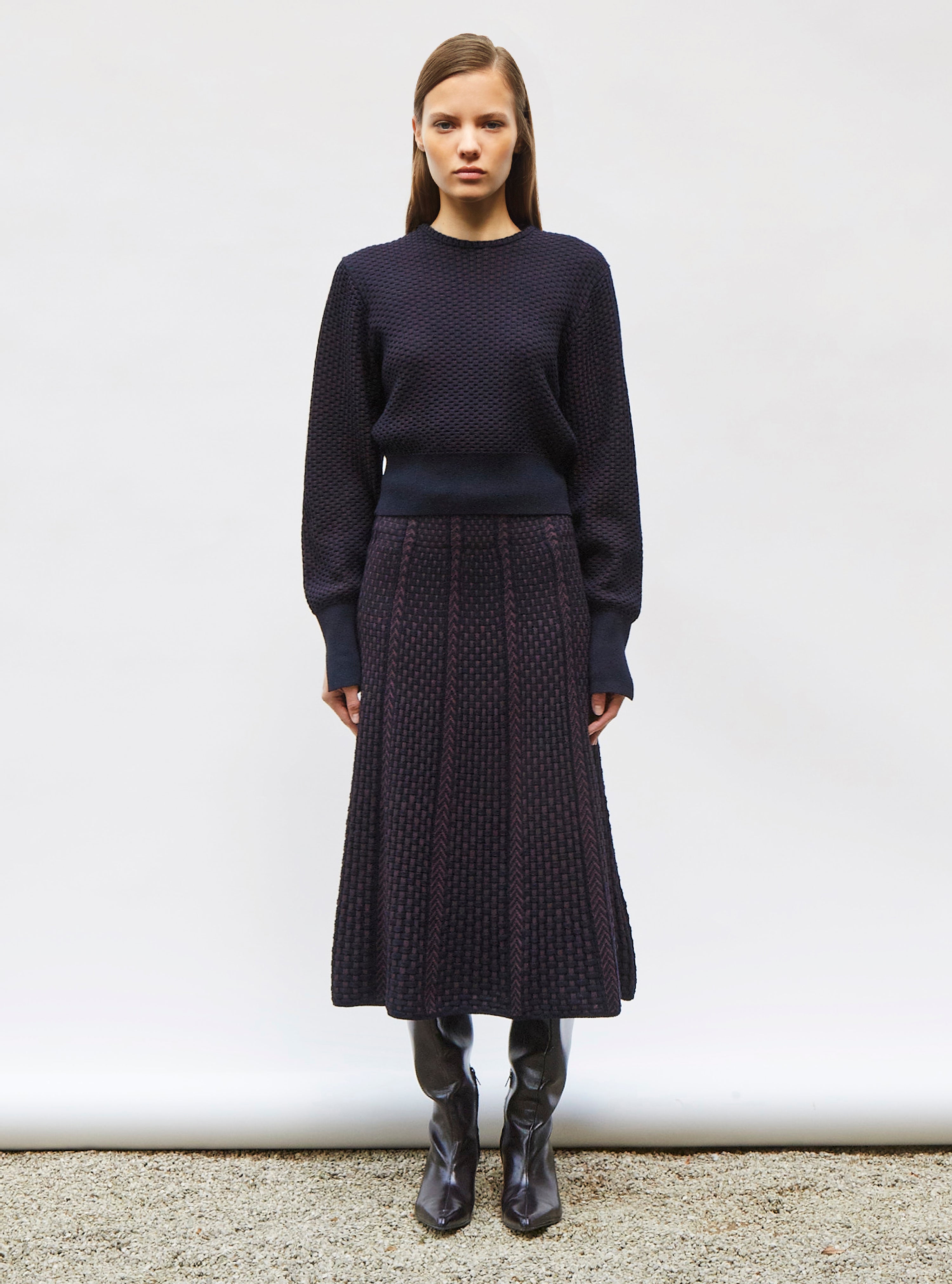 Jupe en maille panier tressé Nuit prune  - Vêtement en maille de luxe Molli