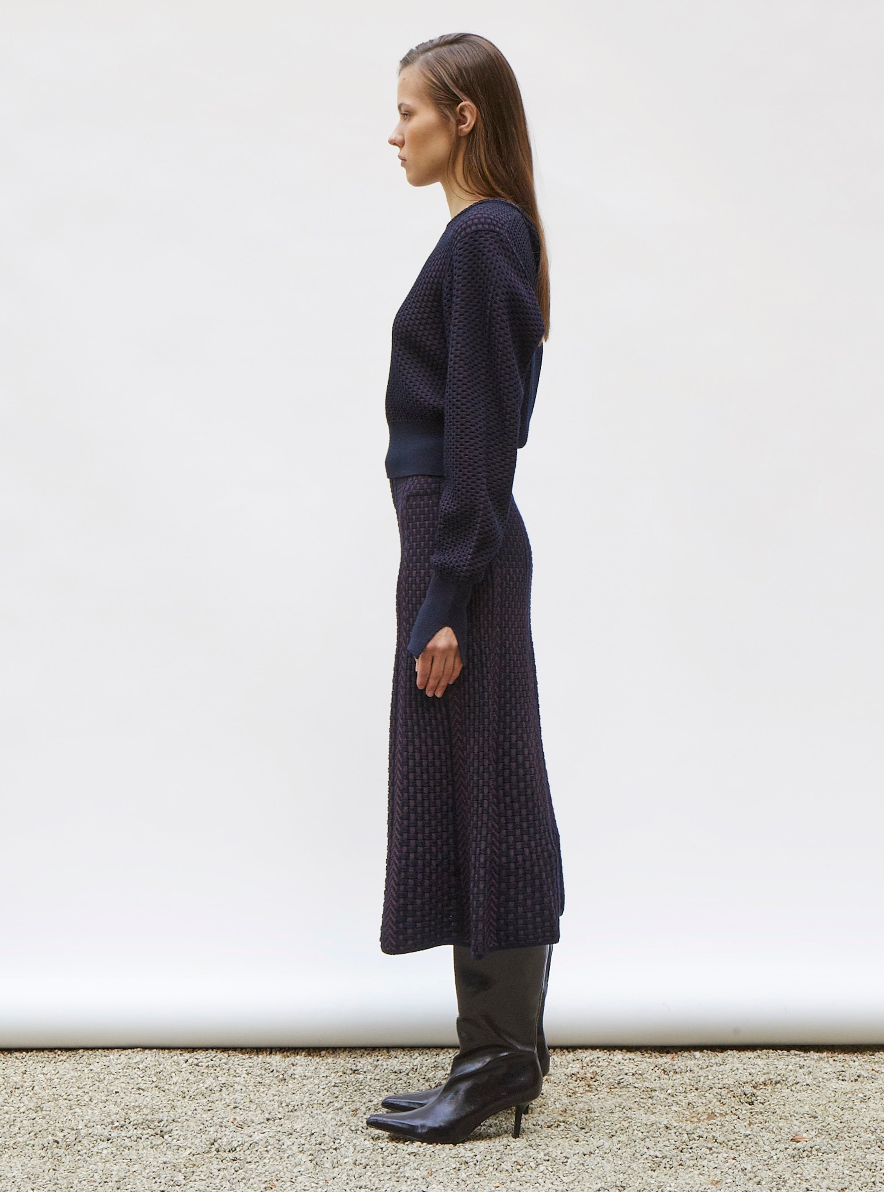 Jupe en maille panier tressé Nuit prune - Jupes de luxe