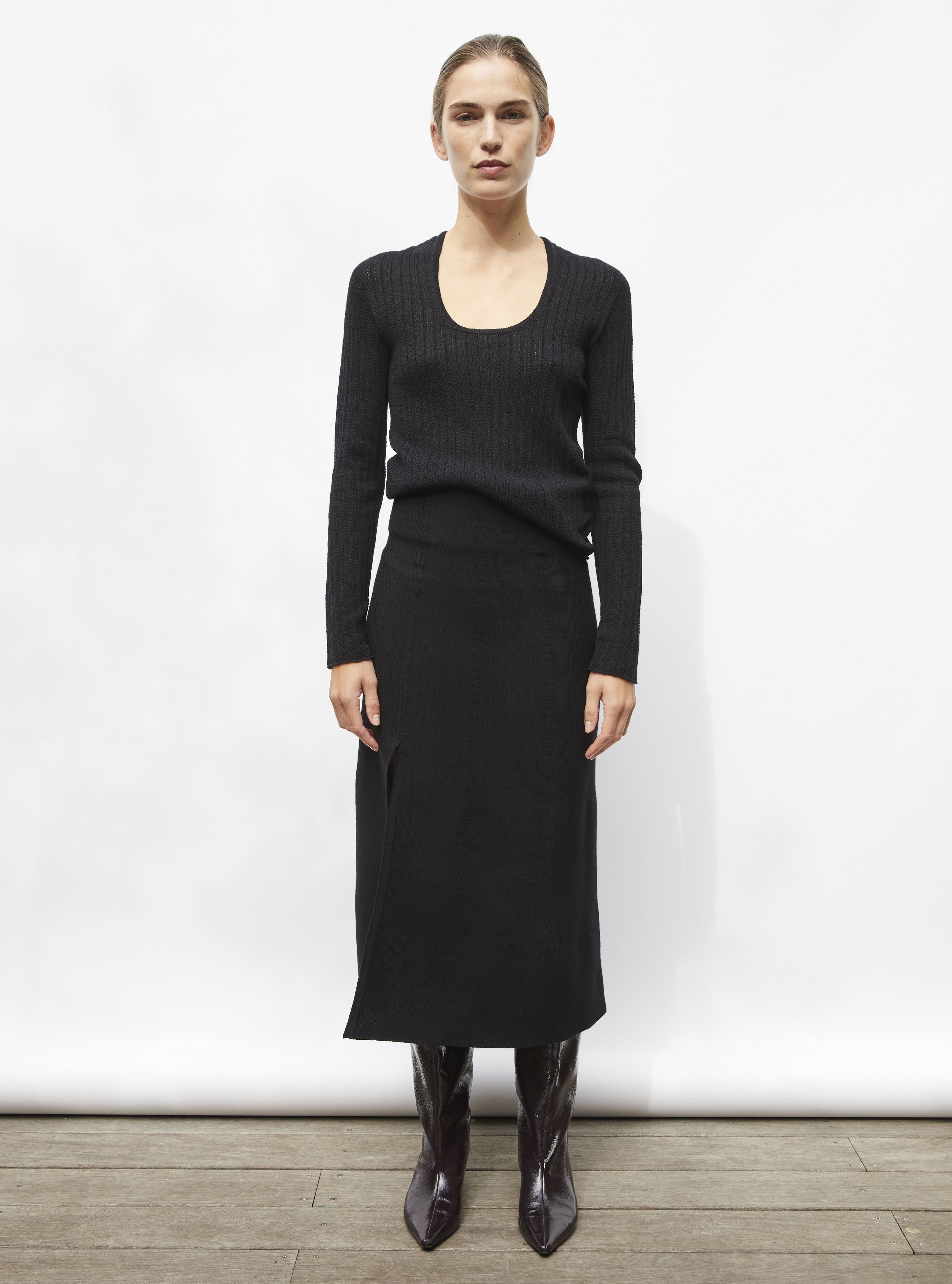 Top décolleté maille pointelle noir profond - Top de luxe