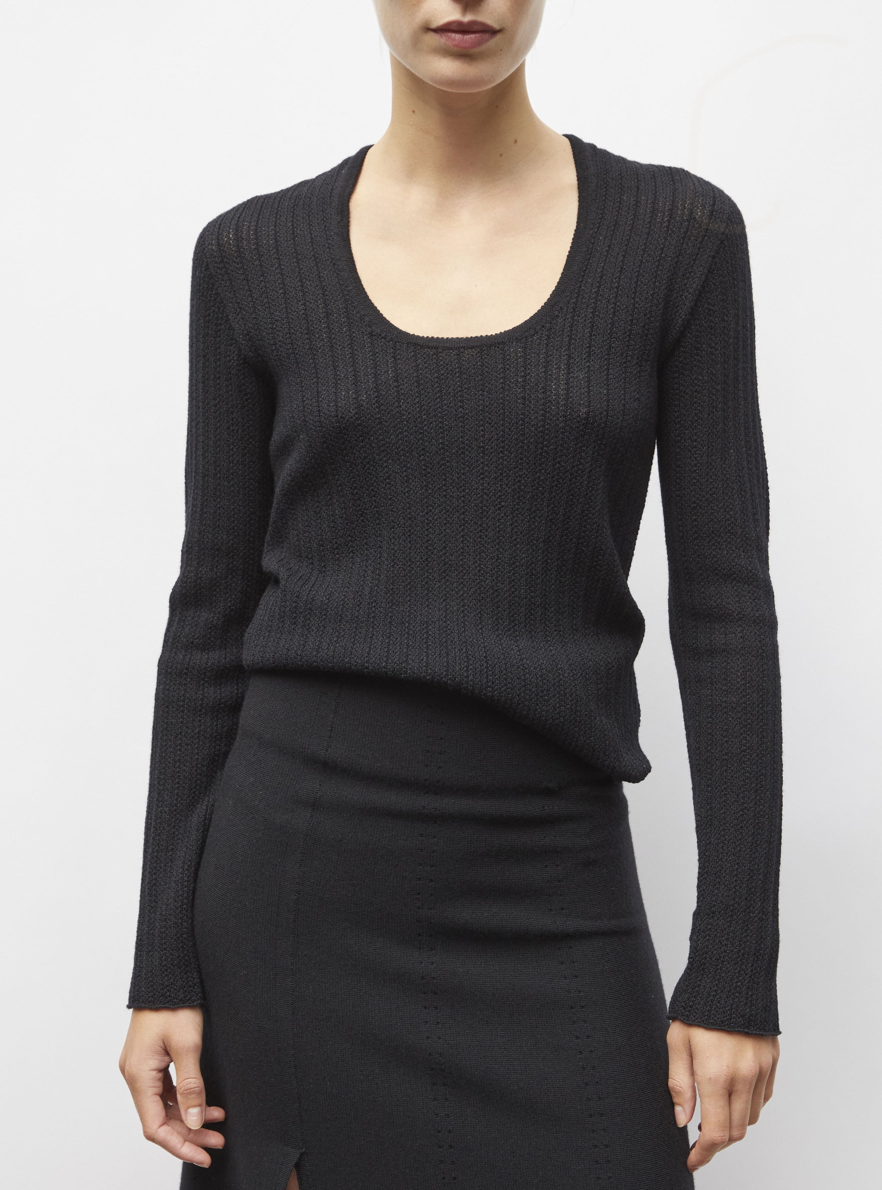 Top de luxe femme - Top décolleté maille pointelle noir profond