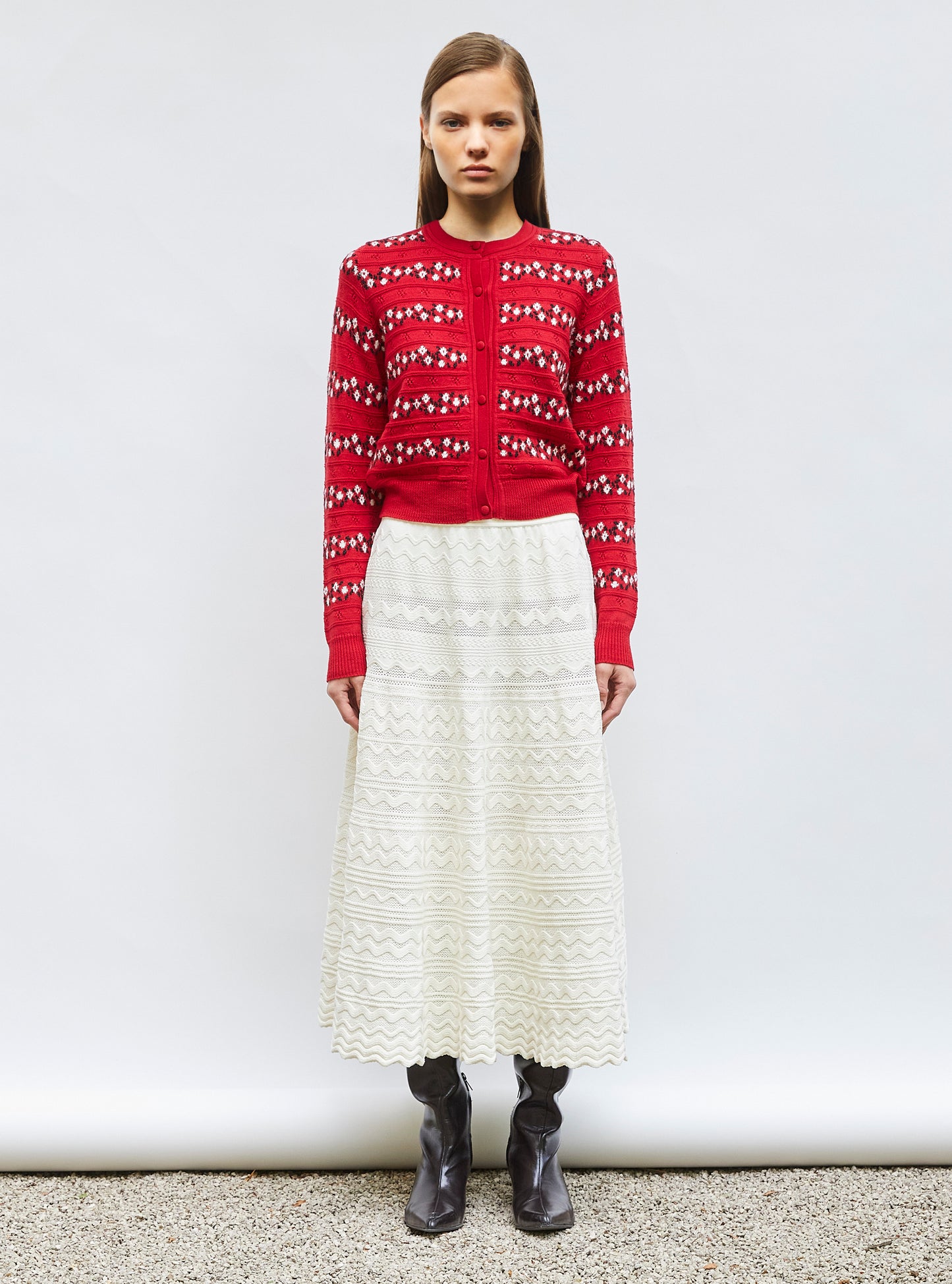 Cardigans de luxe femme - Cardigan jacquard fleurs Rouge garance