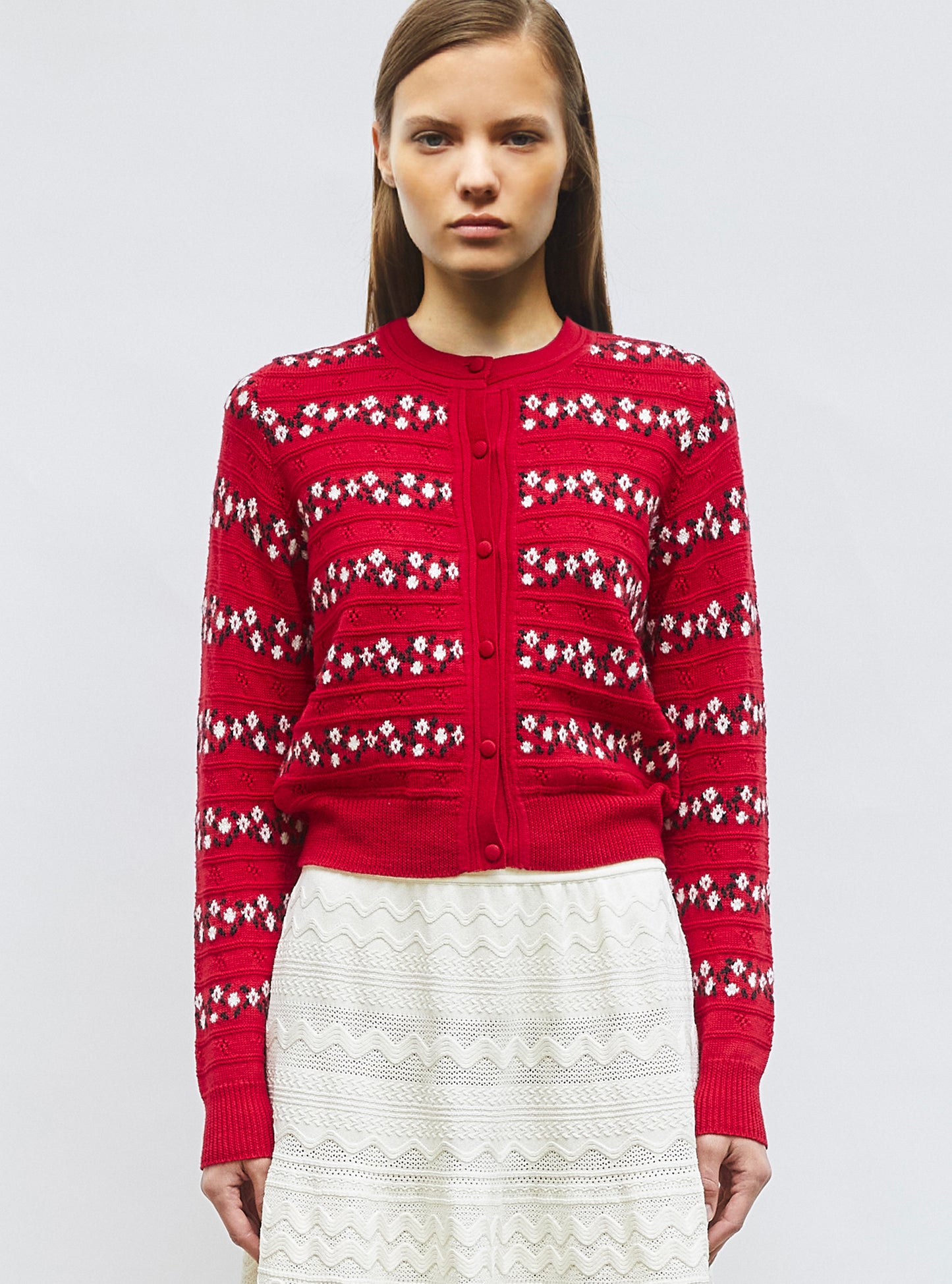 Cardigan jacquard fleurs Rouge garance - Vêtement en maille de luxe Molli