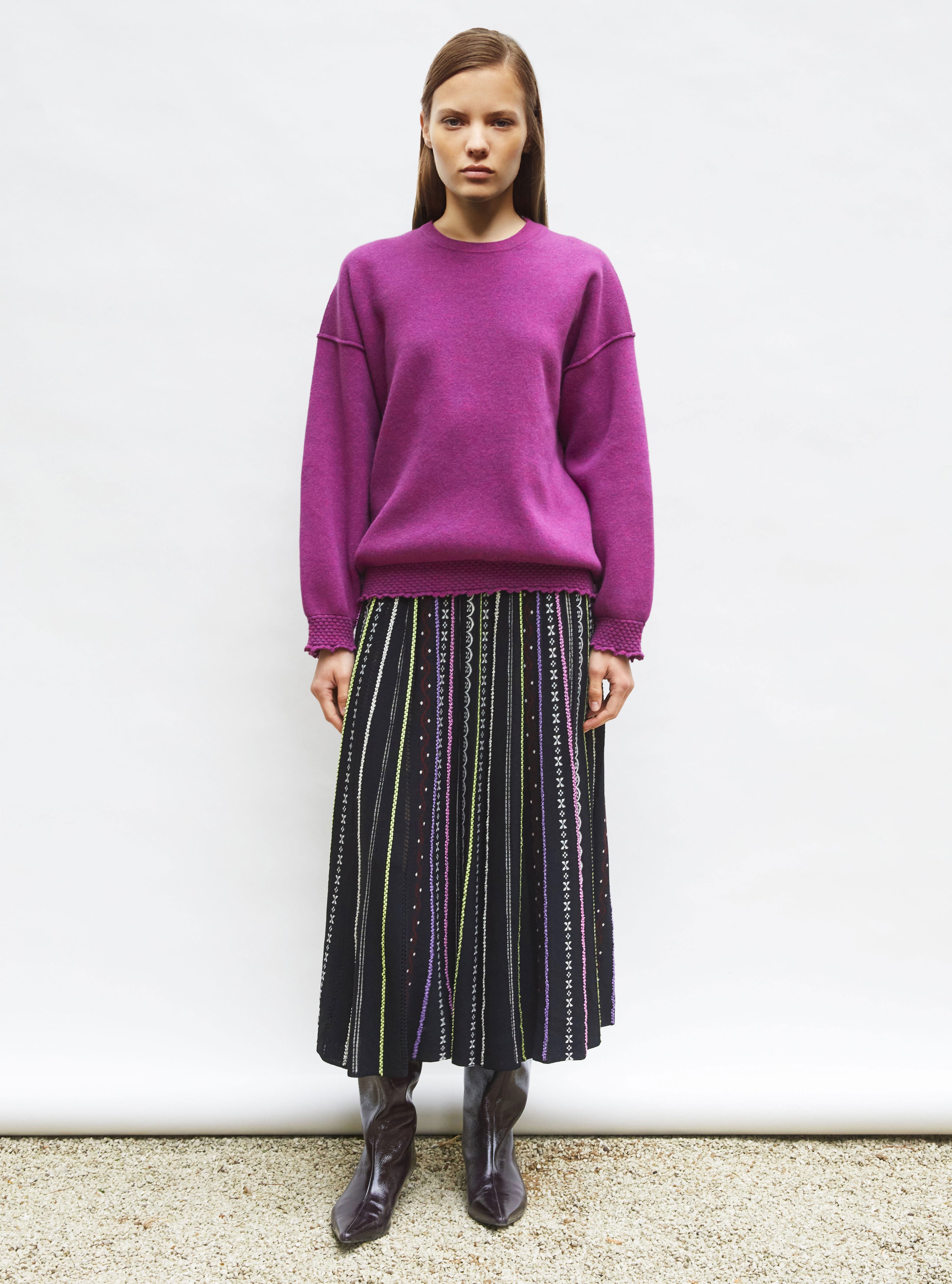 Jupe longue maille plumetis noir profond-multi - Vêtement en maille de luxe Molli