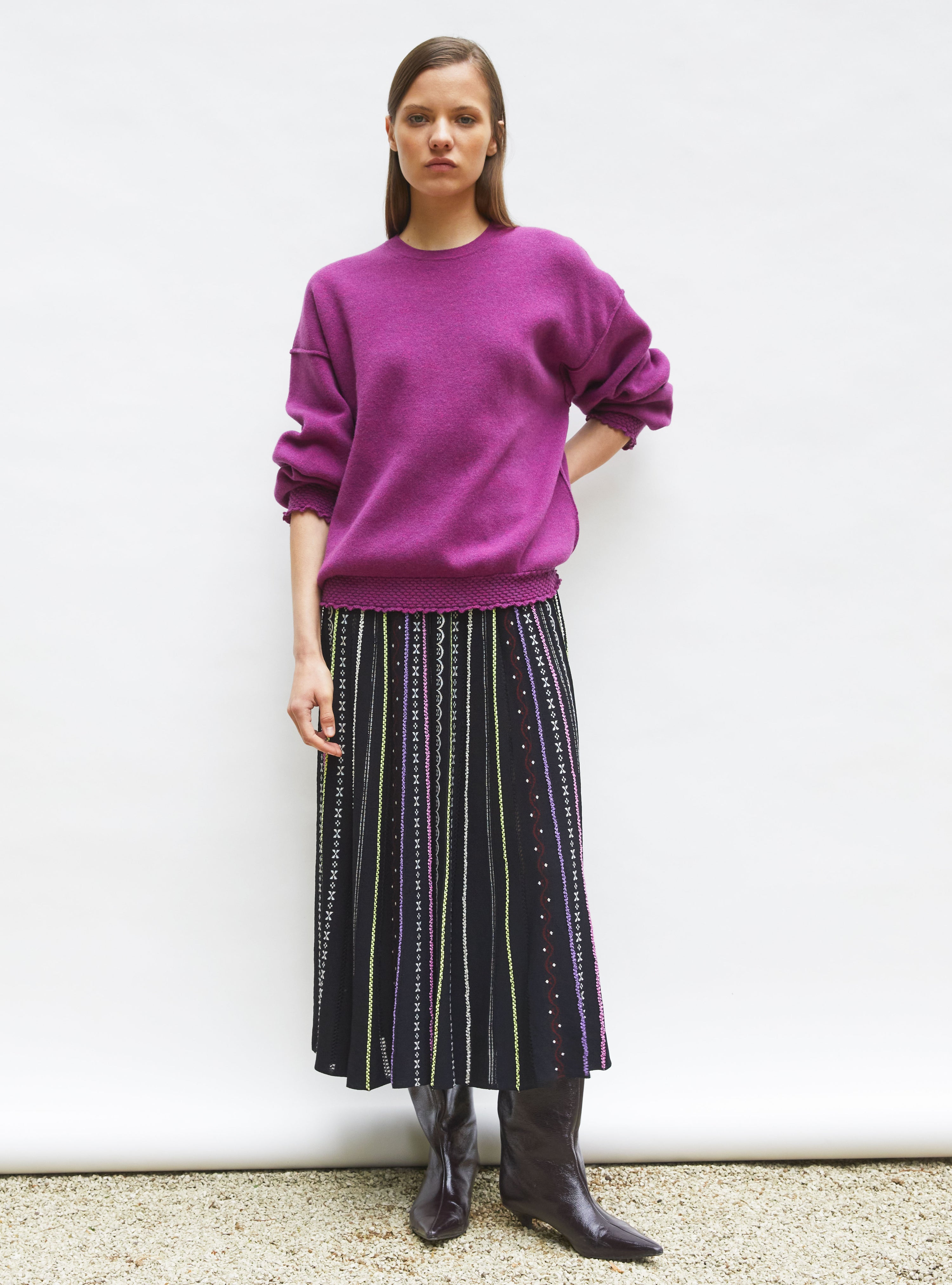 Jupe de luxe femme - Jupe longue maille plumetis noir profond-multi