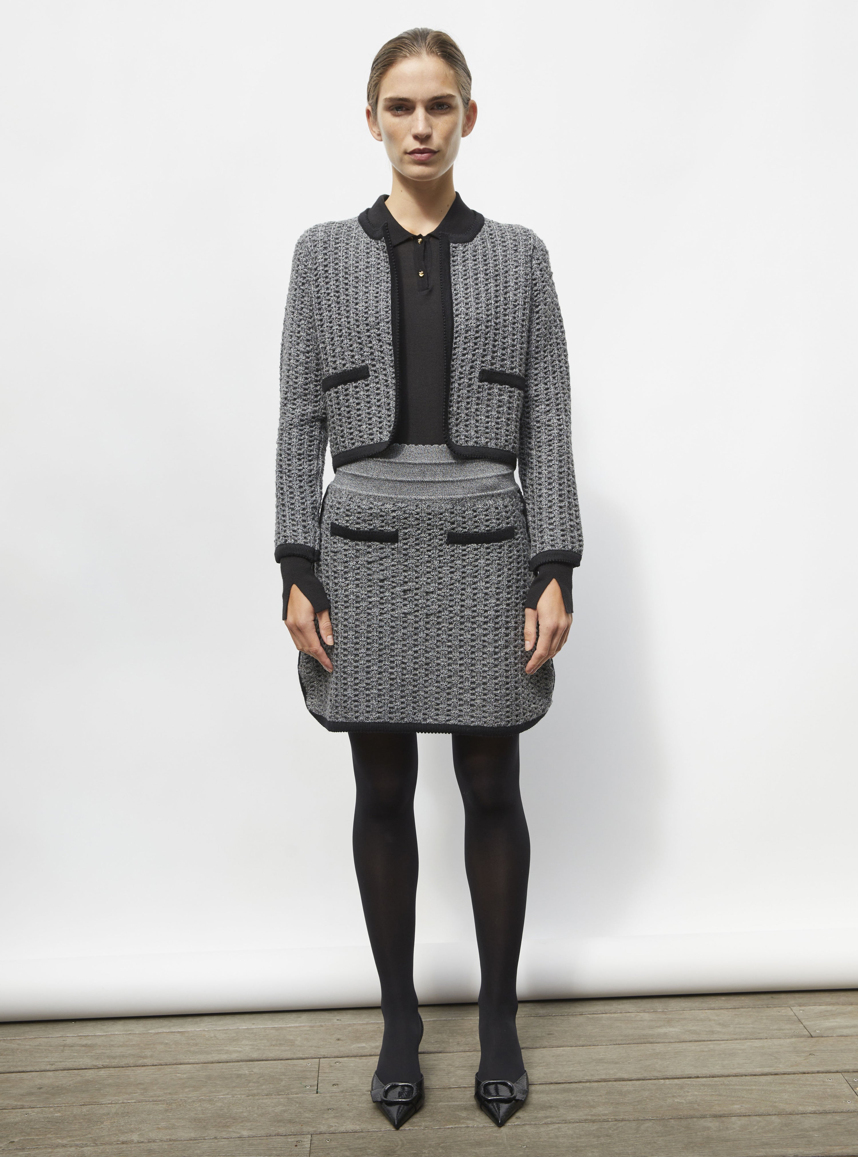 Jupe courte maille tweedée Noir mouliné - Vêtement en maille de luxe Molli