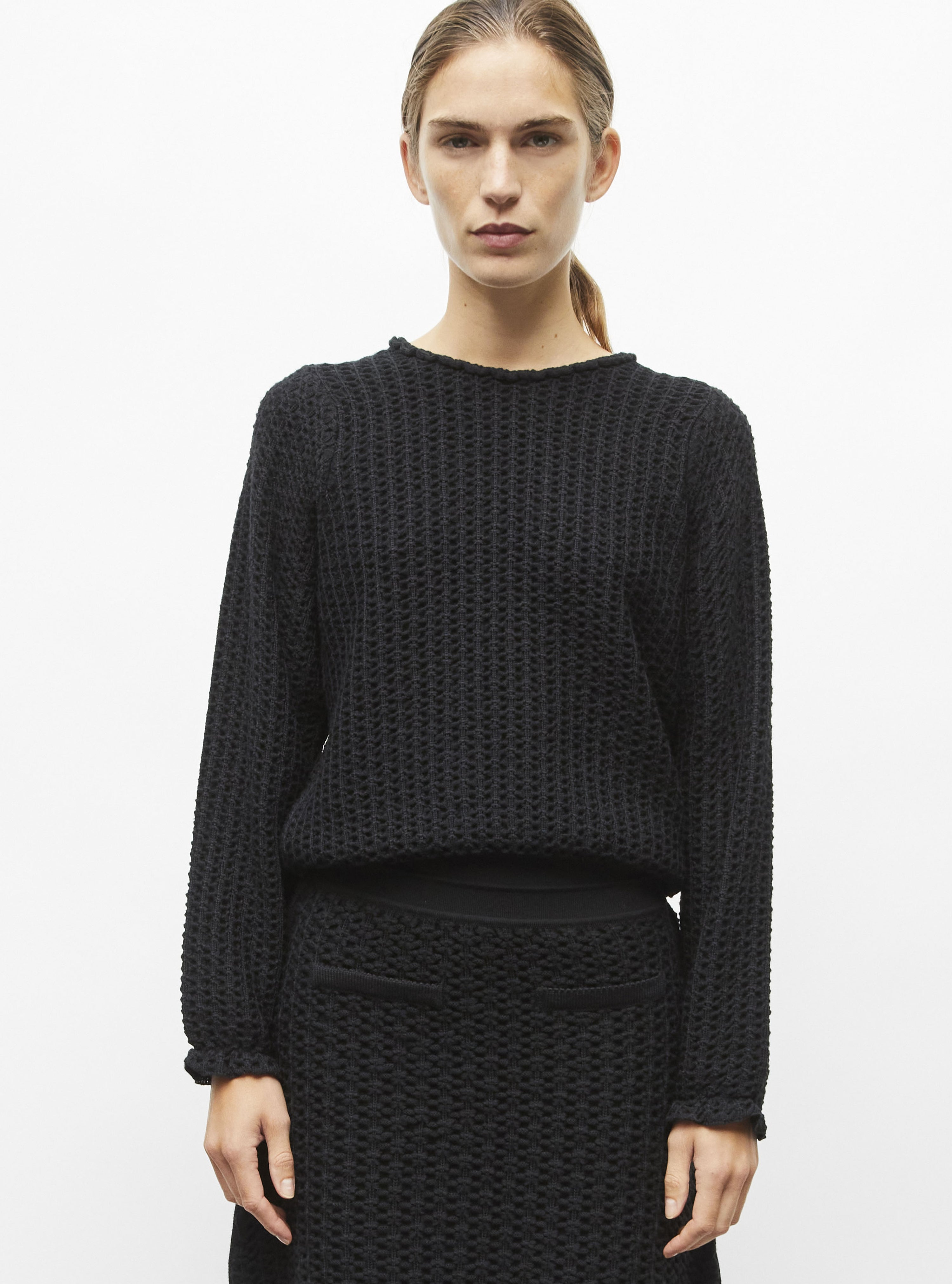 Top col rond maille tweedée noir profond - Vêtement en maille de luxe Molli