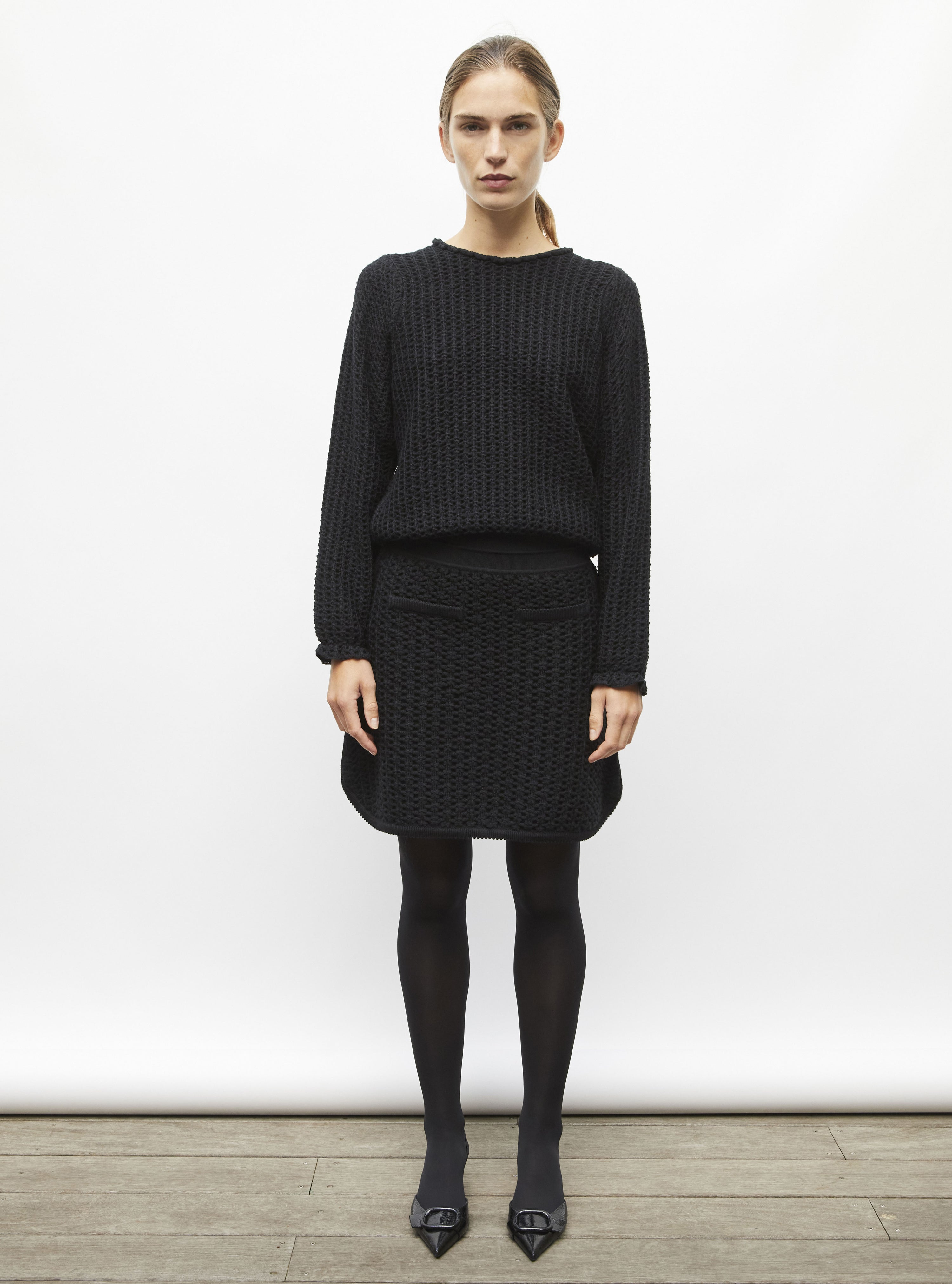 Top col rond maille tweedée noir profond - Top de luxe