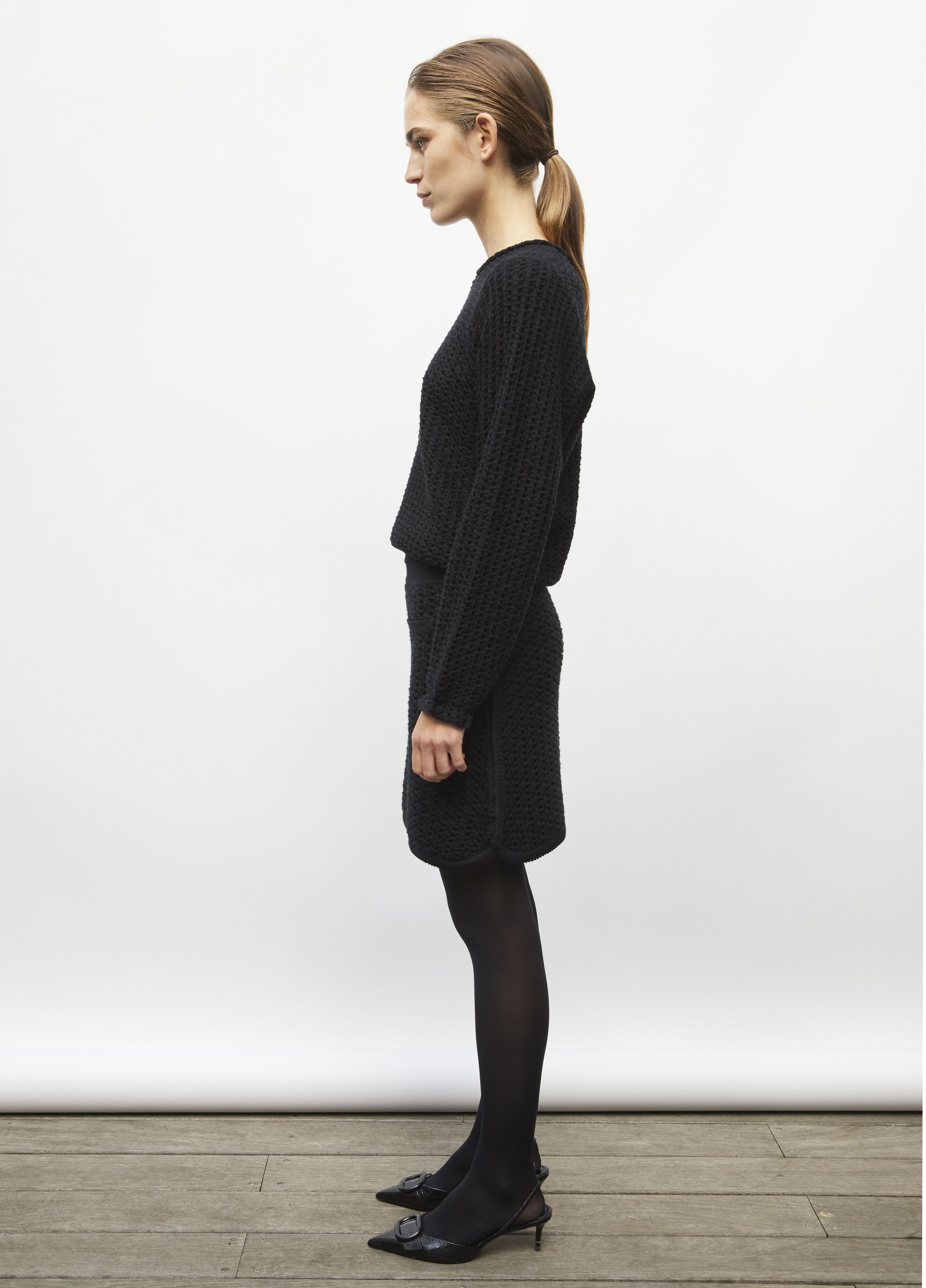 Top col rond maille tweedée noir profond - Vêtement de luxe femme