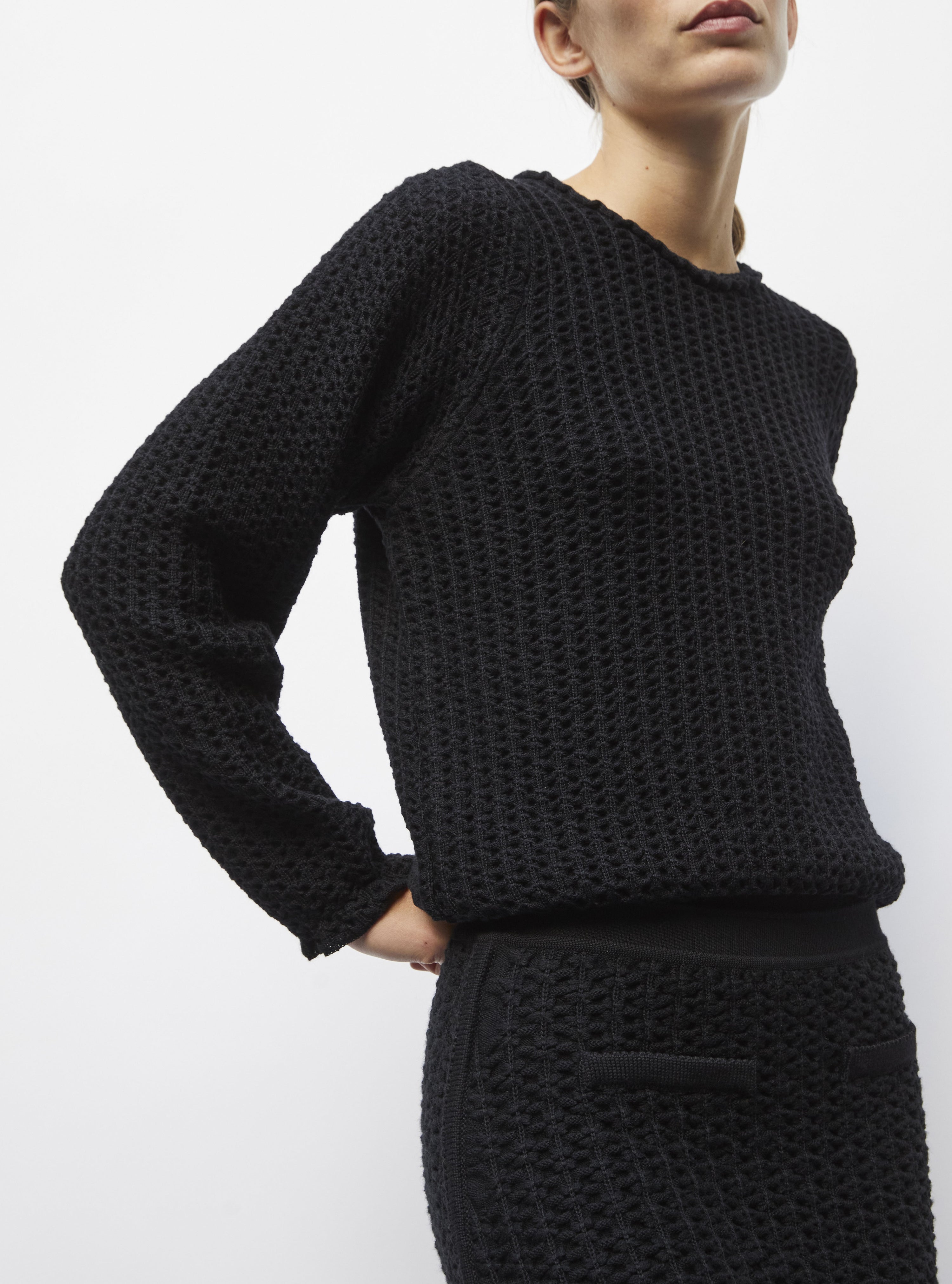 Top de luxe femme - Top col rond maille tweedée noir profond