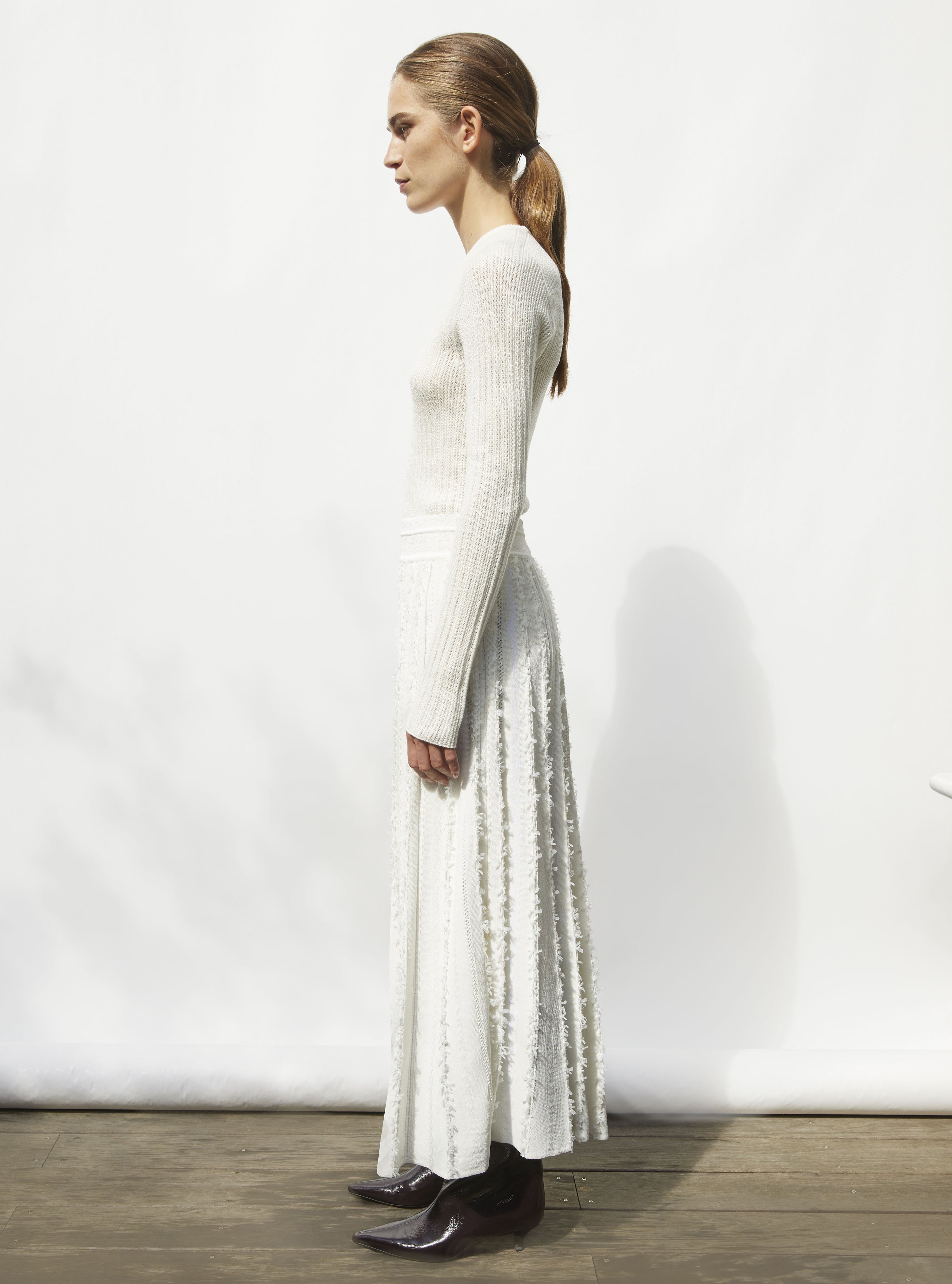 Jupe longue maille plumetis milk- Jupe de luxe