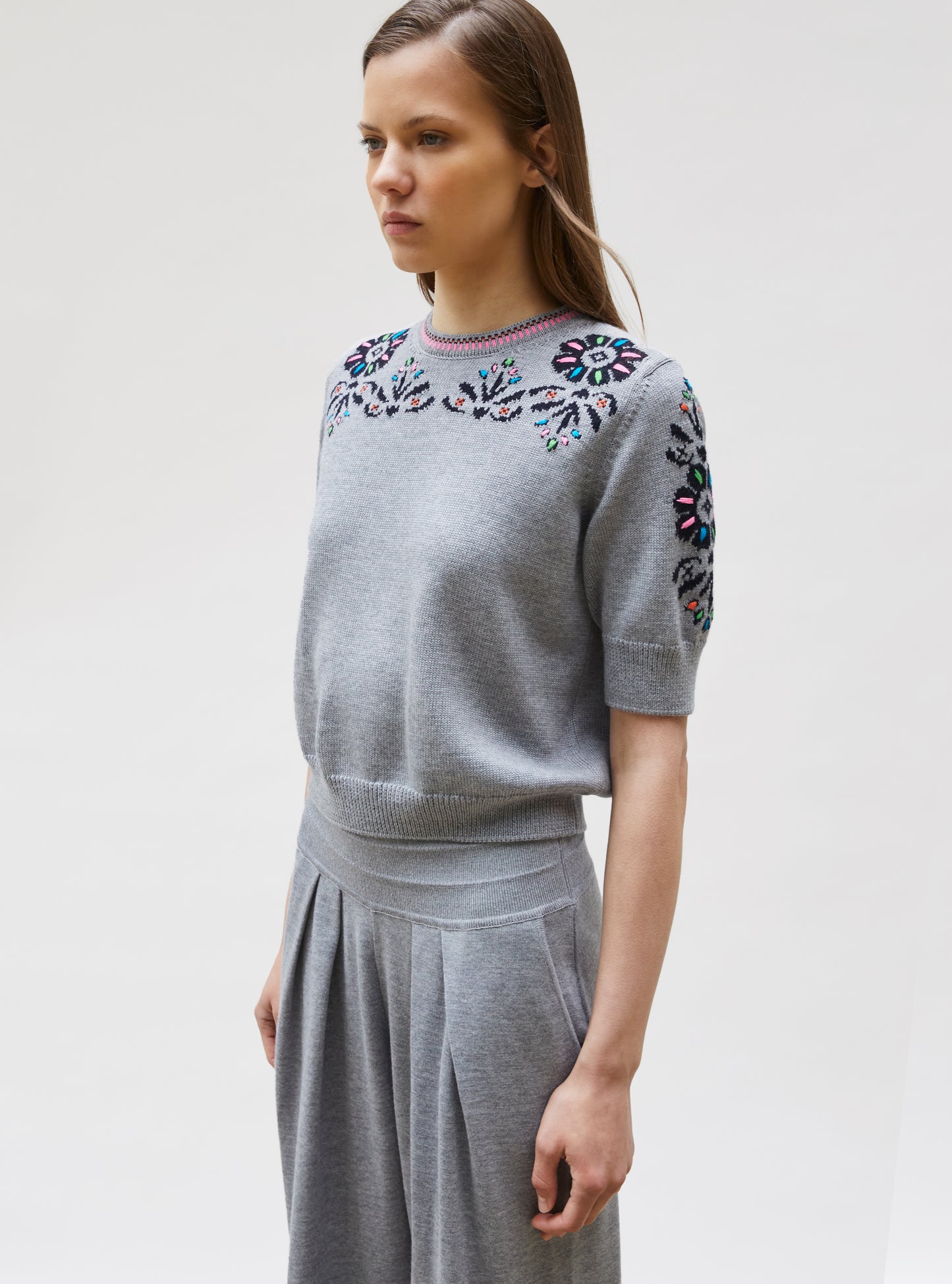 Top maille florale brodé main Gris moyen Nuit - Molli