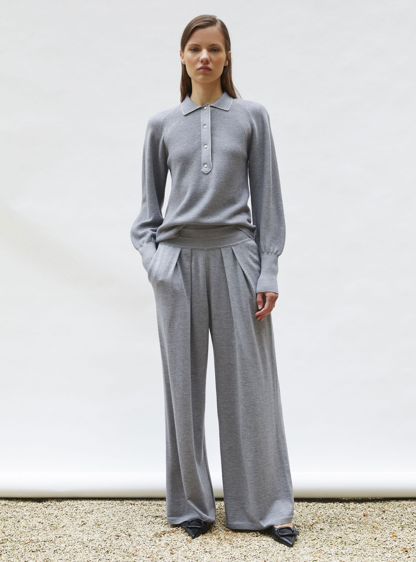 Polo fin finition picots gris moyen-naturel - Polo de luxe