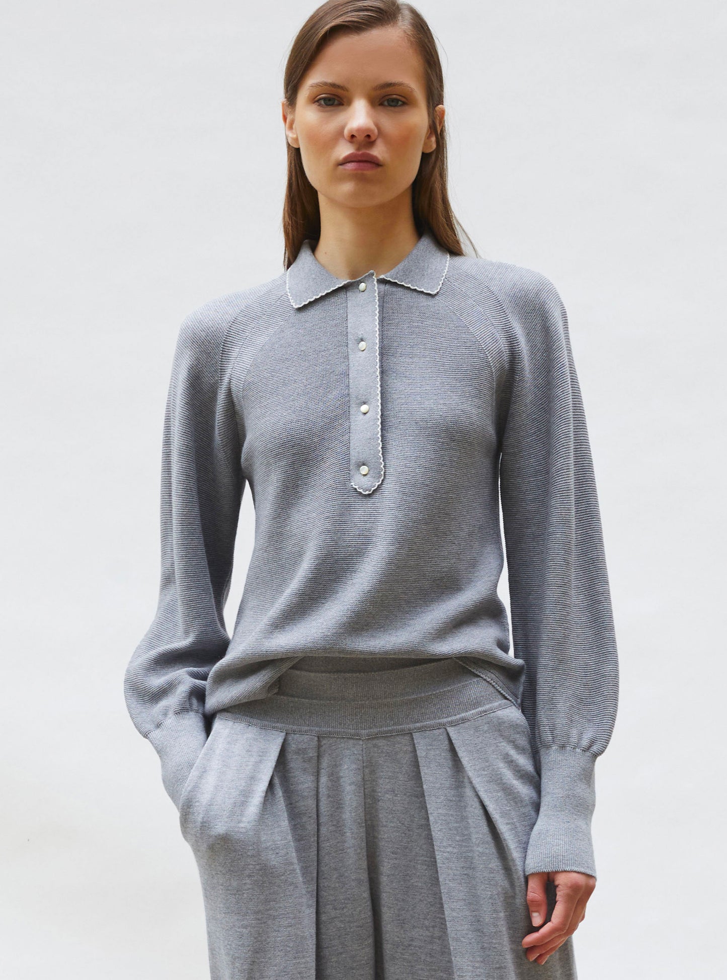 Polo fin finition picots gris moyen-naturel - Vêtement en maille de luxe Molli