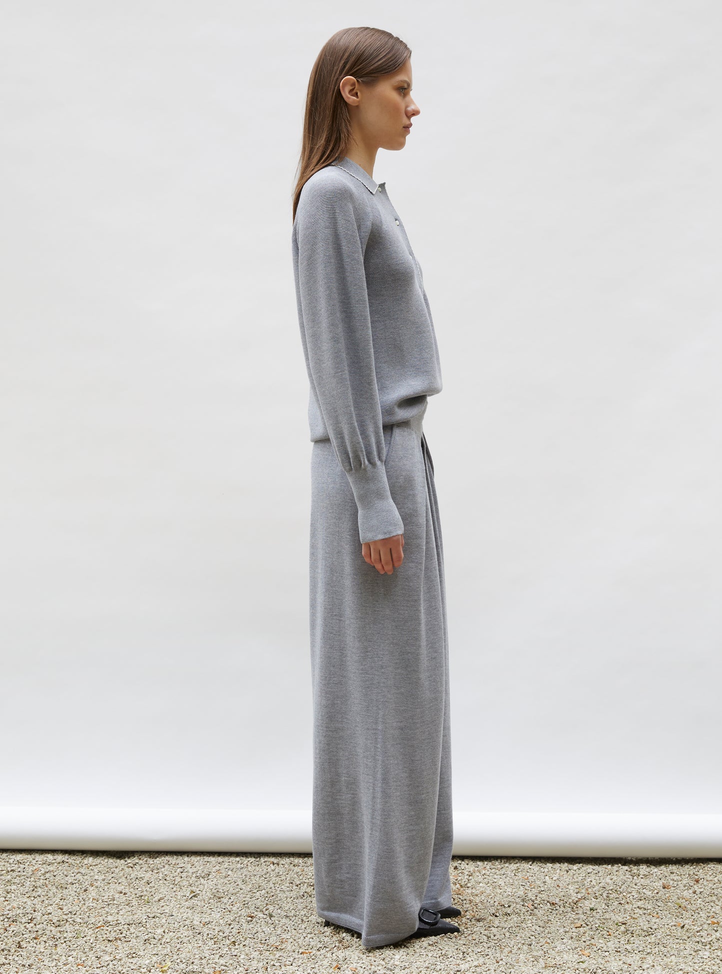 Polo fin finition picots gris moyen-naturel - Vêtement de luxe femme