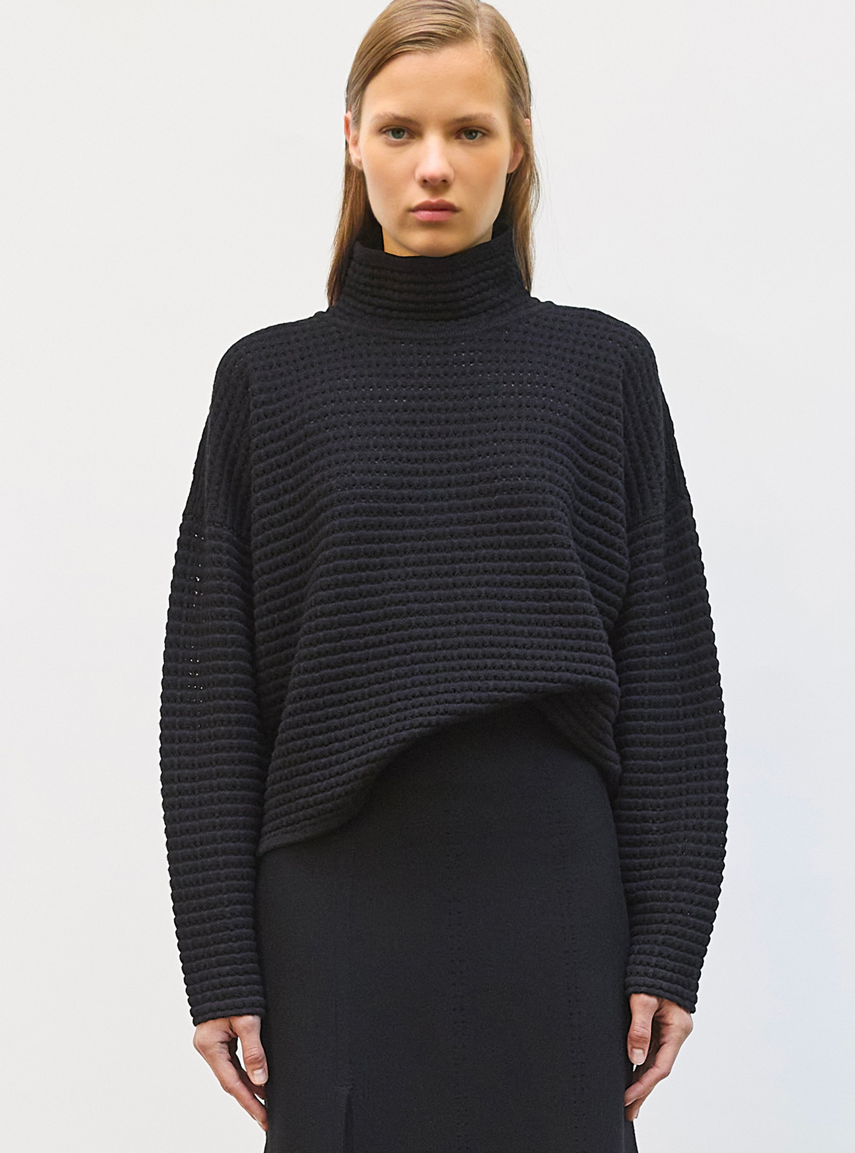Pull maille résille de laine Noir profond - Vêtement en maille de luxe Molli