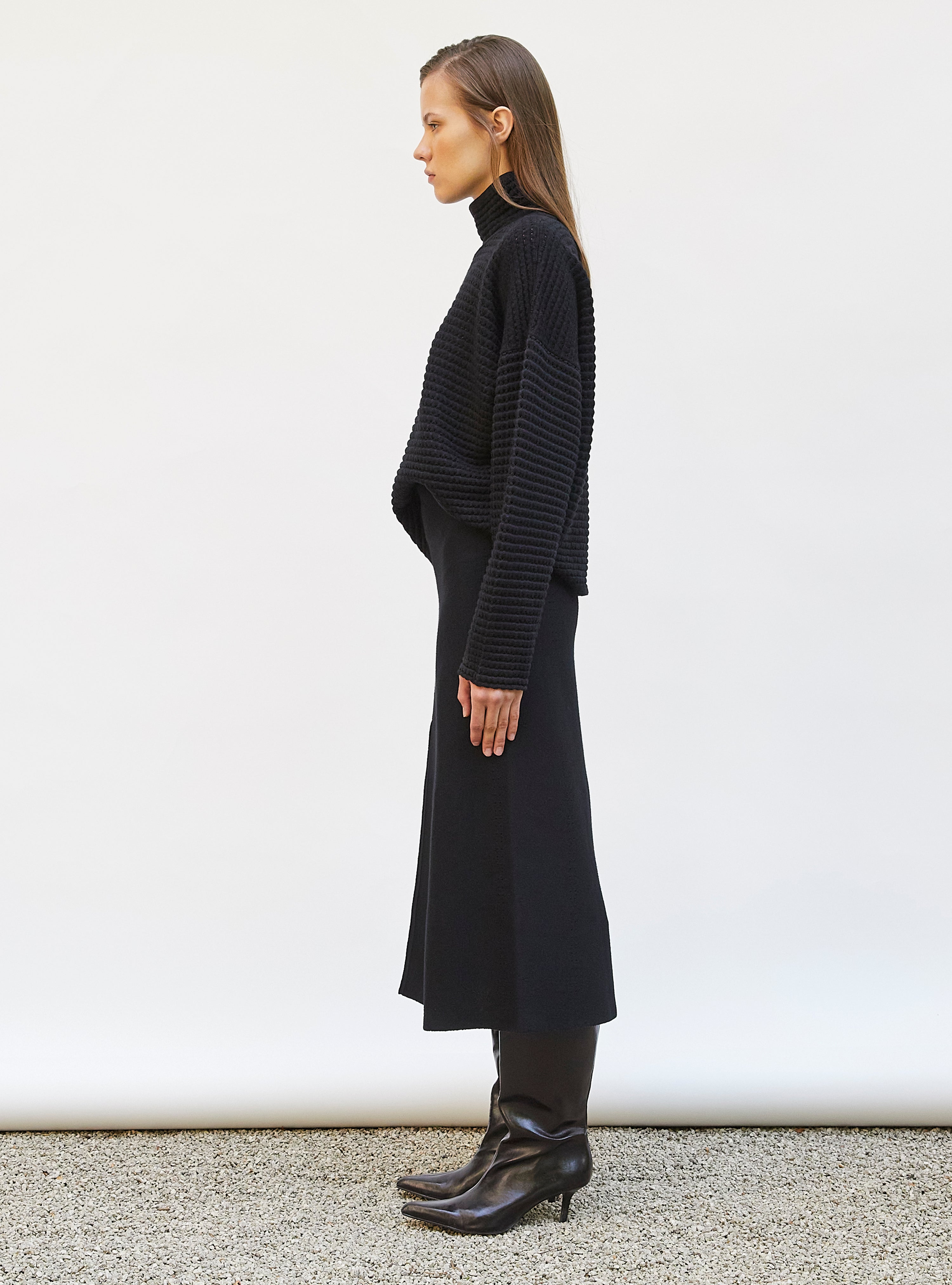 Top de luxe femme - Pull maille résille de laine Noir profond