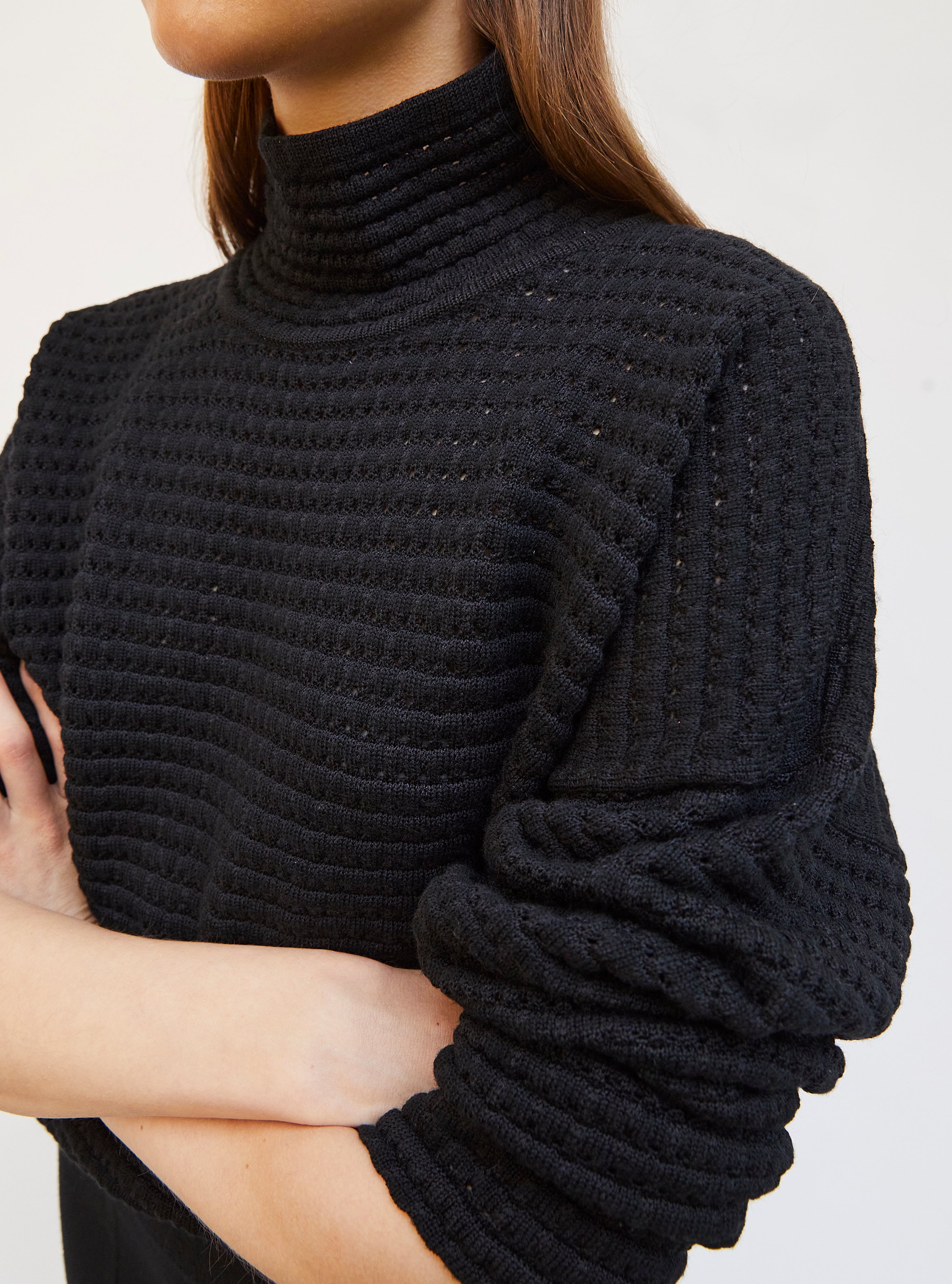Pull maille résille de laine Noir profond  - Vêtement de luxe femme