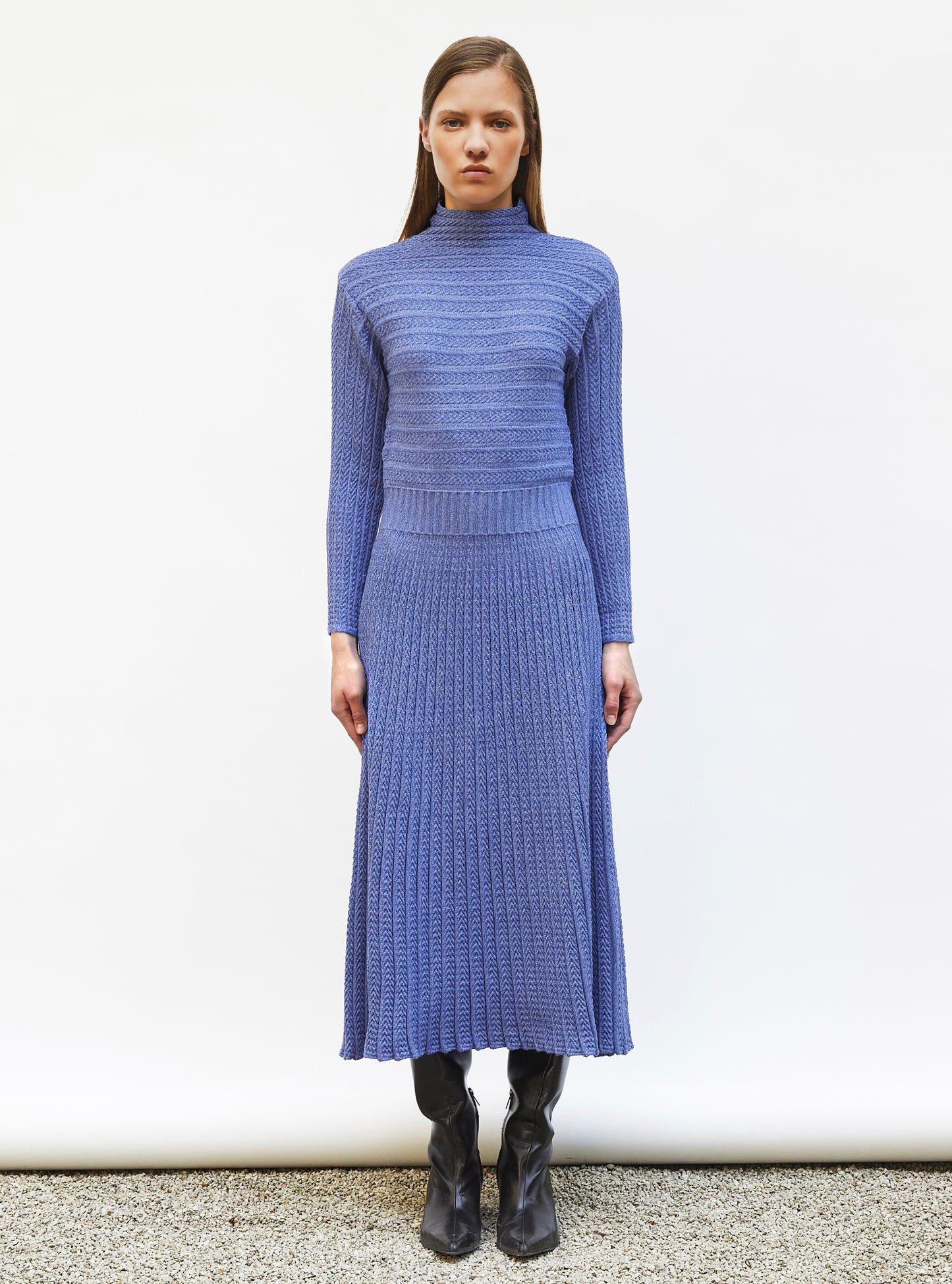 Robe longue maille plissée denim - Vêtement en maille de luxe Molli