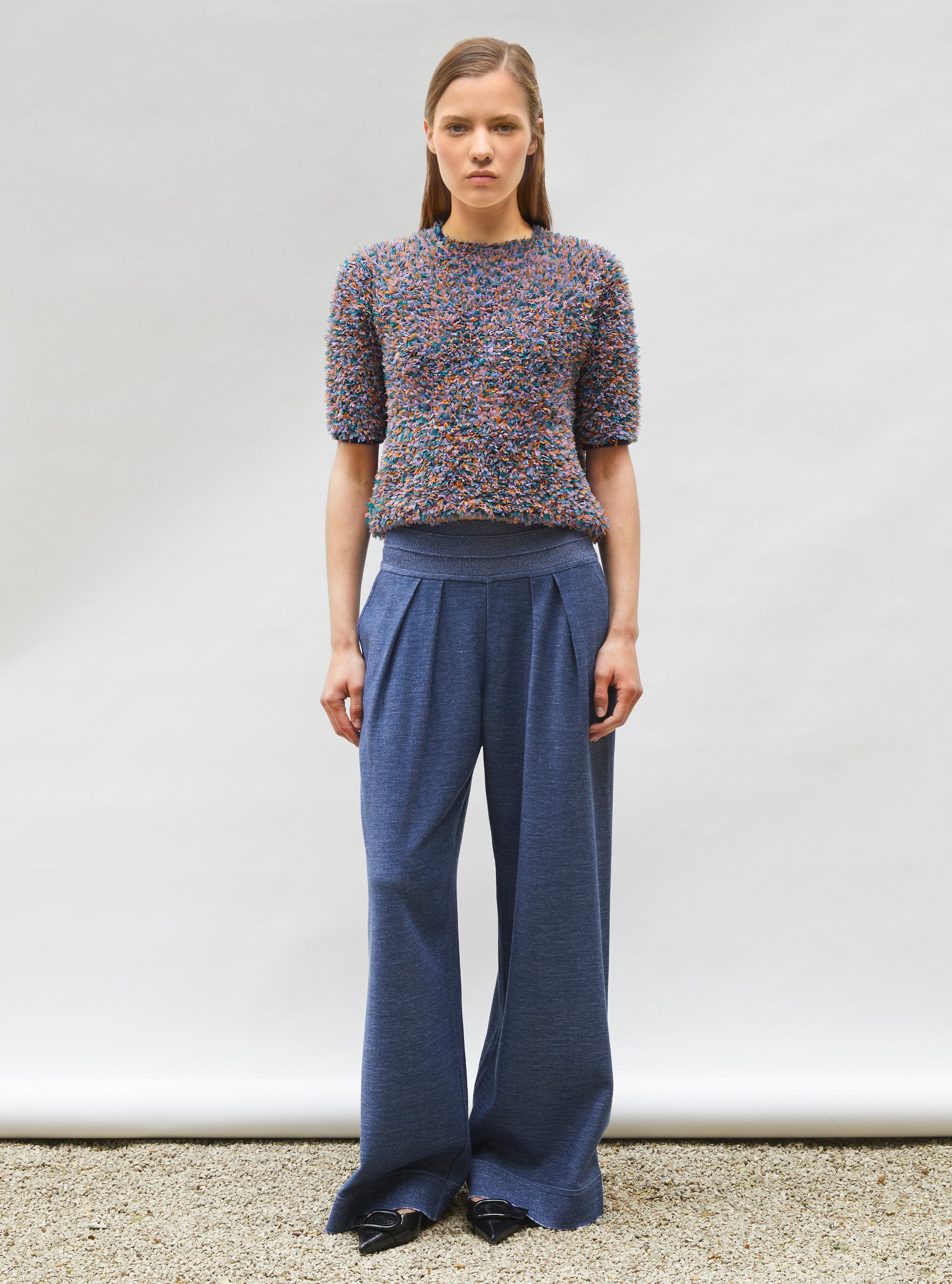 Top plumetis manches coudes indigo-multi - Top de luxe