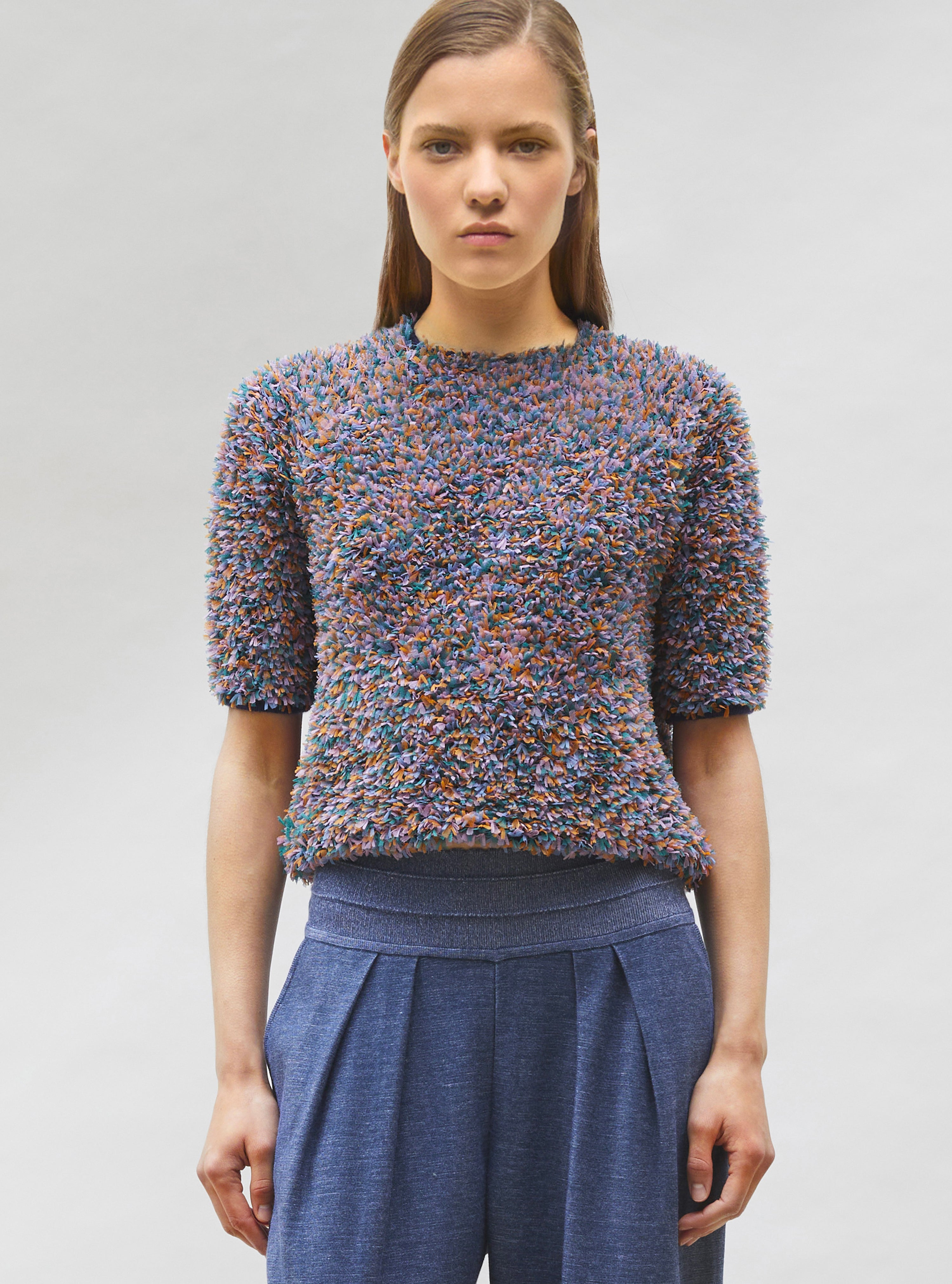 Top plumetis manches coudes indigo-multi - Vêtement en maille de luxe Molli