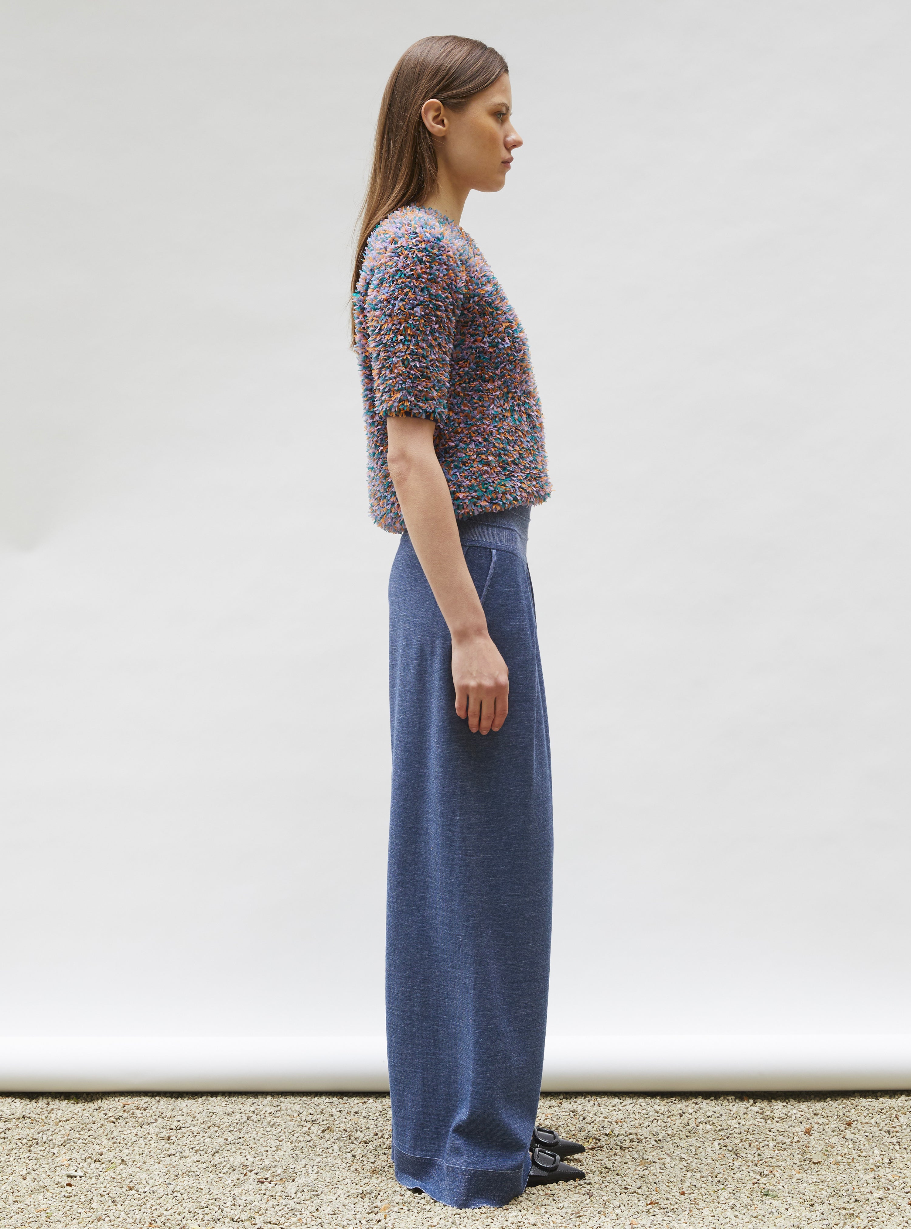 Top plumetis manches coudes indigo-multi - Vêtement de luxe femme