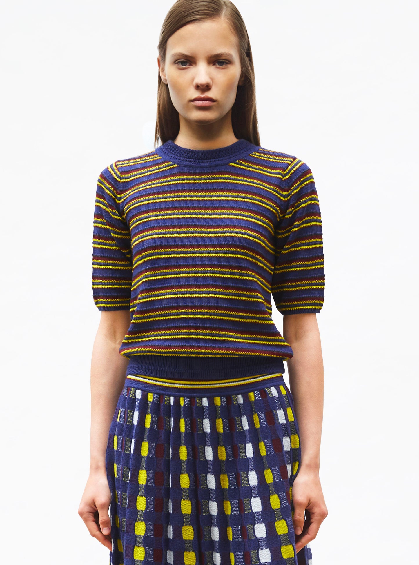 Top fin maille rayée colorée indigo amarante mimosa - Vêtement en maille de luxe Molli
