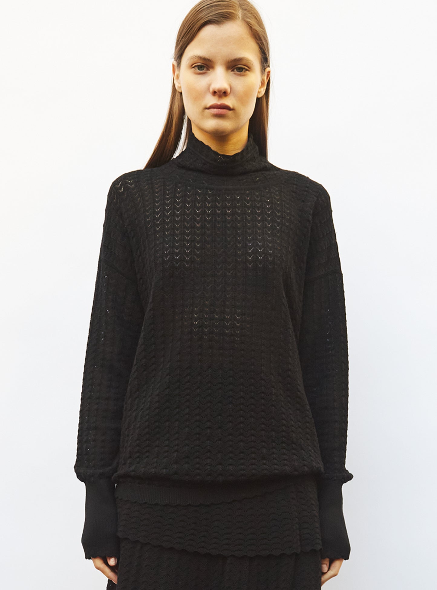 Top pointelle à col montant Noir Profond - Tops de luxe