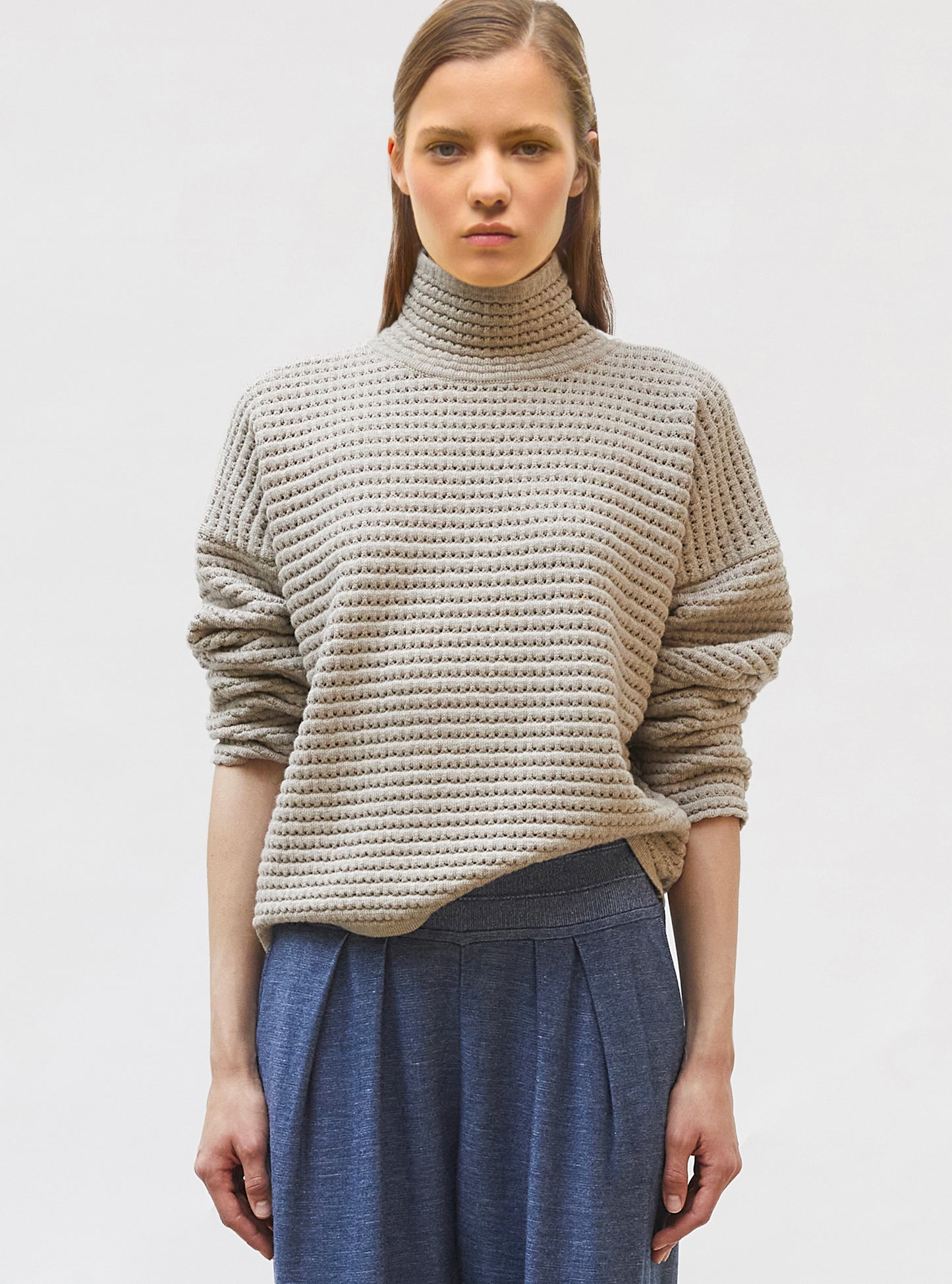 Pull maille résille de laine Argile - Vêtement en maille de luxe Molli