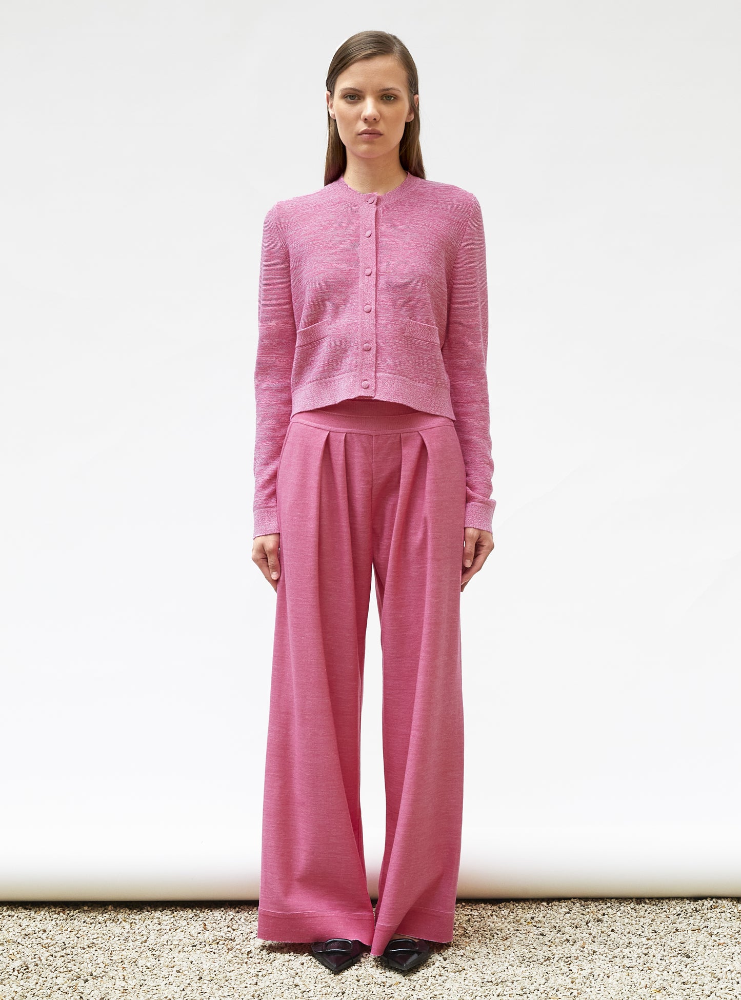 Cardigan de luxe femme - Cardigan maille point mousse rose mouliné