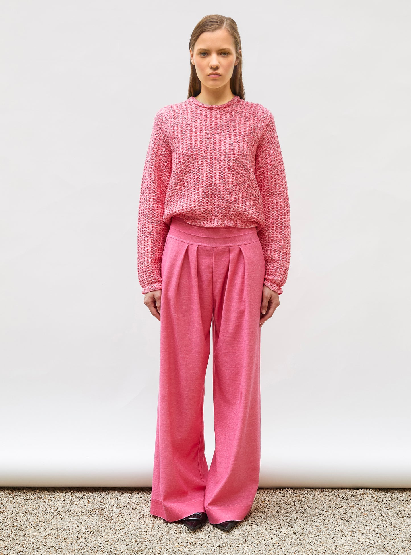 Top col rond maille tweedée Rose mouliné - Vêtement en maille de luxe femme