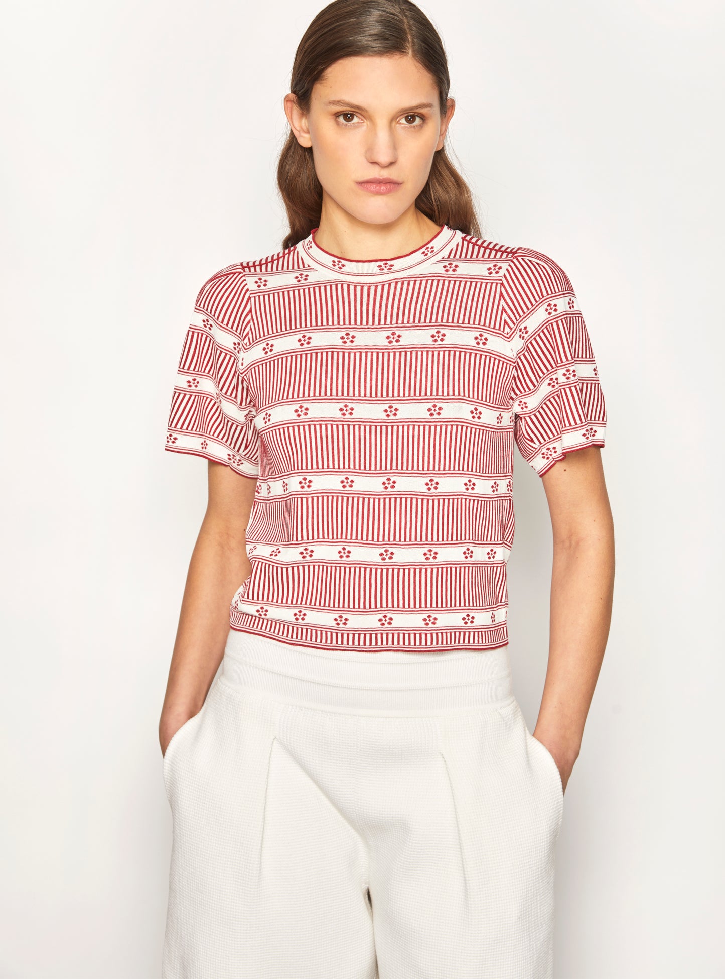 Top jacquard mini fleurs Naturel-Grenat - Vêtement en maille de luxe Molli