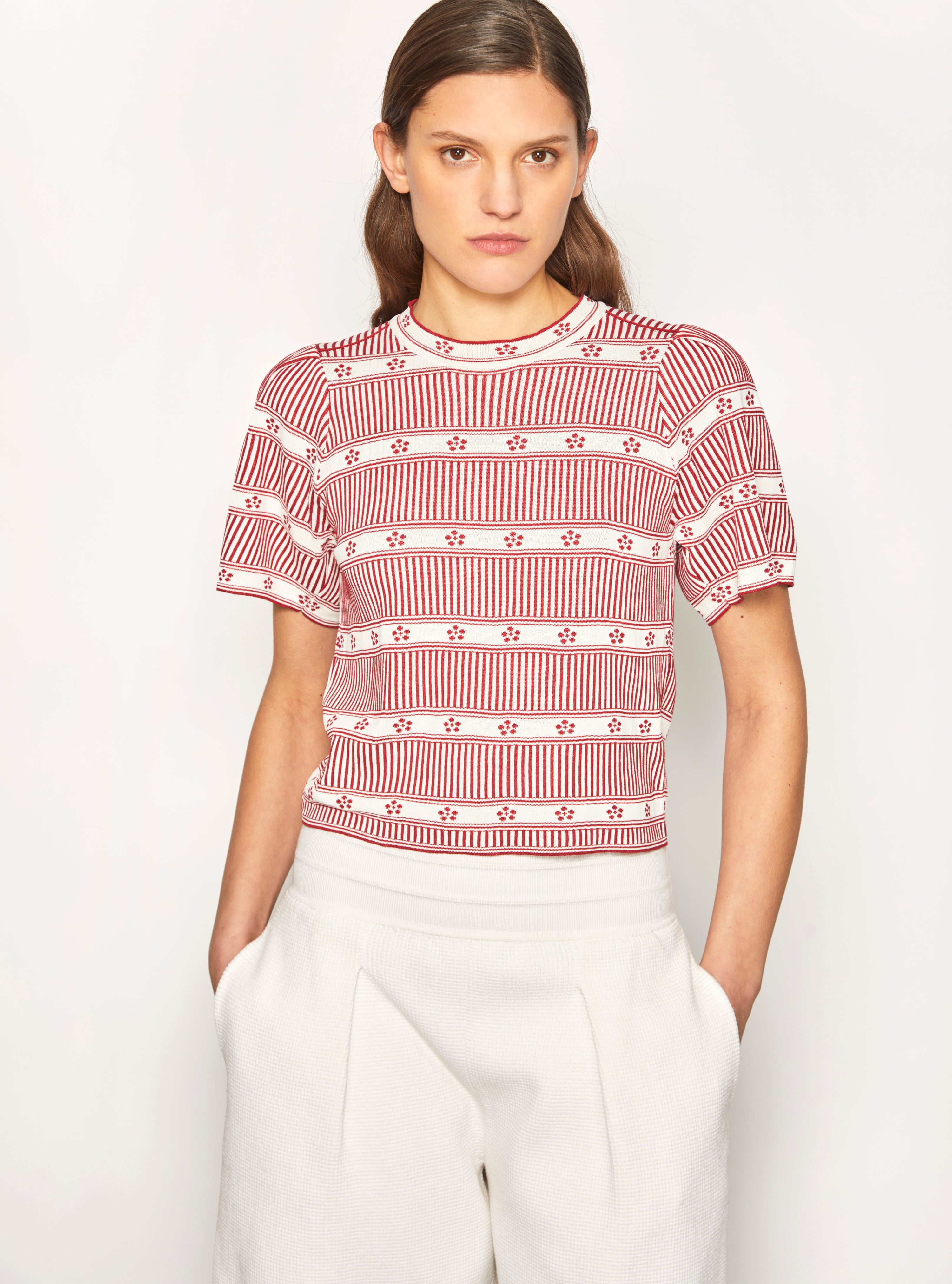 Top jacquard mini fleurs Naturel-Grenat - Vêtement en maille de luxe Molli