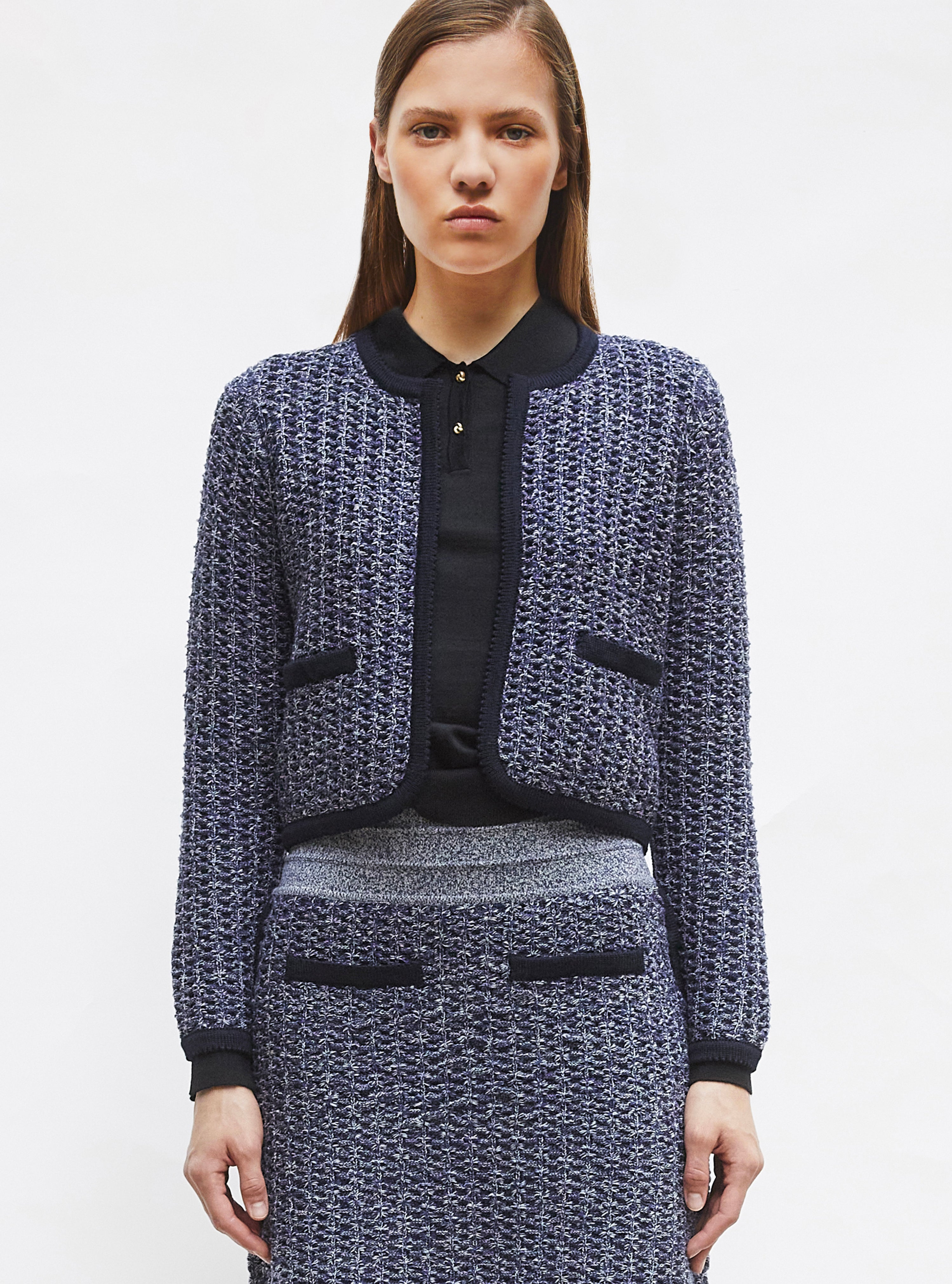 Tops de luxe femme - Veste courte maille tweedée Indigo mouliné