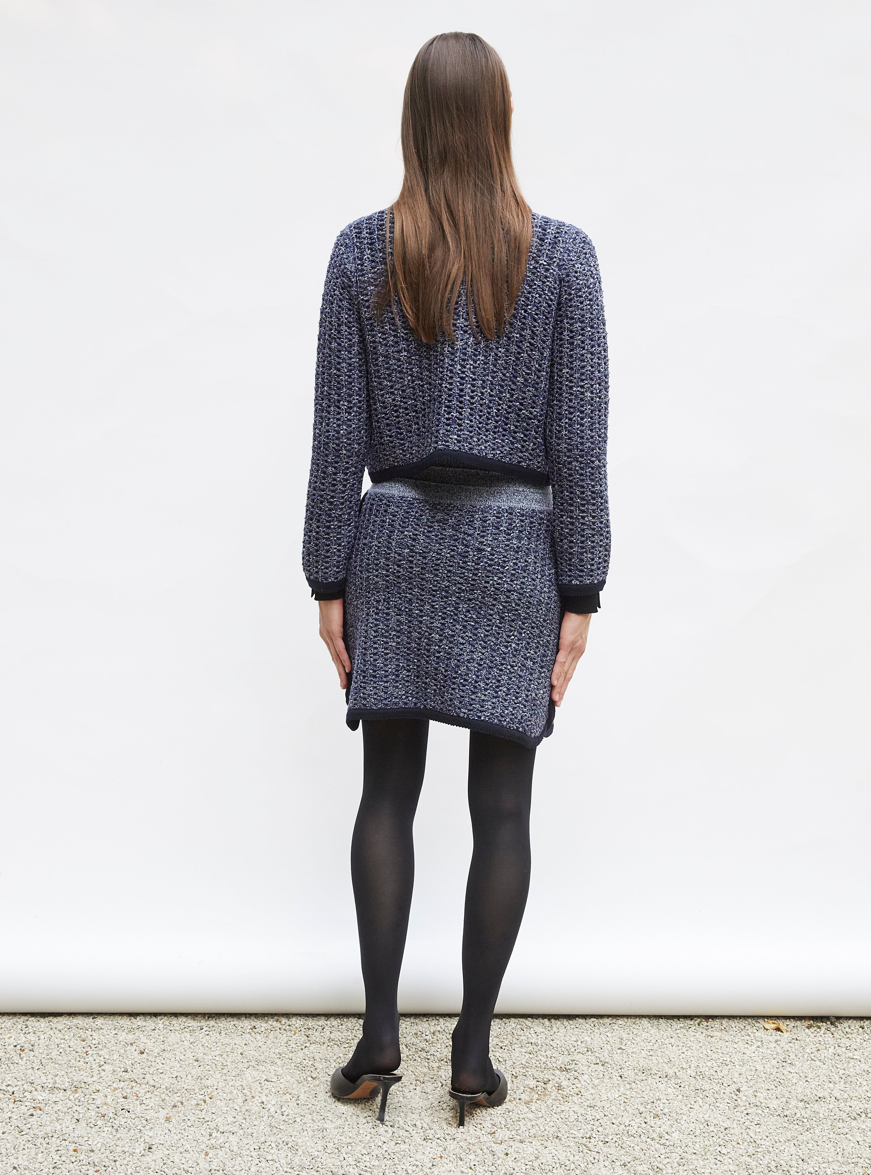 Tops de luxe femme - Veste courte maille tweedée Indigo mouliné