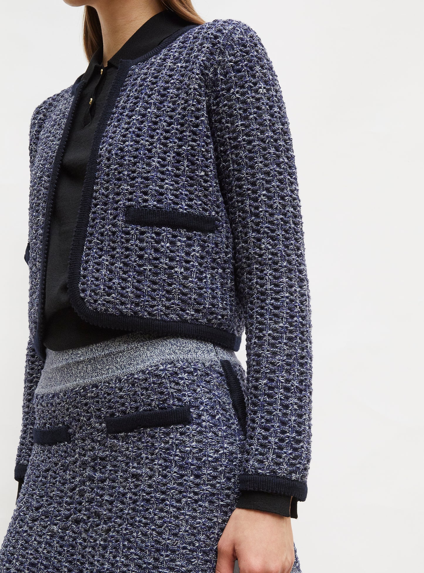 Jupe de luxe femme - Jupe courte maille tweedée Indigo mouliné