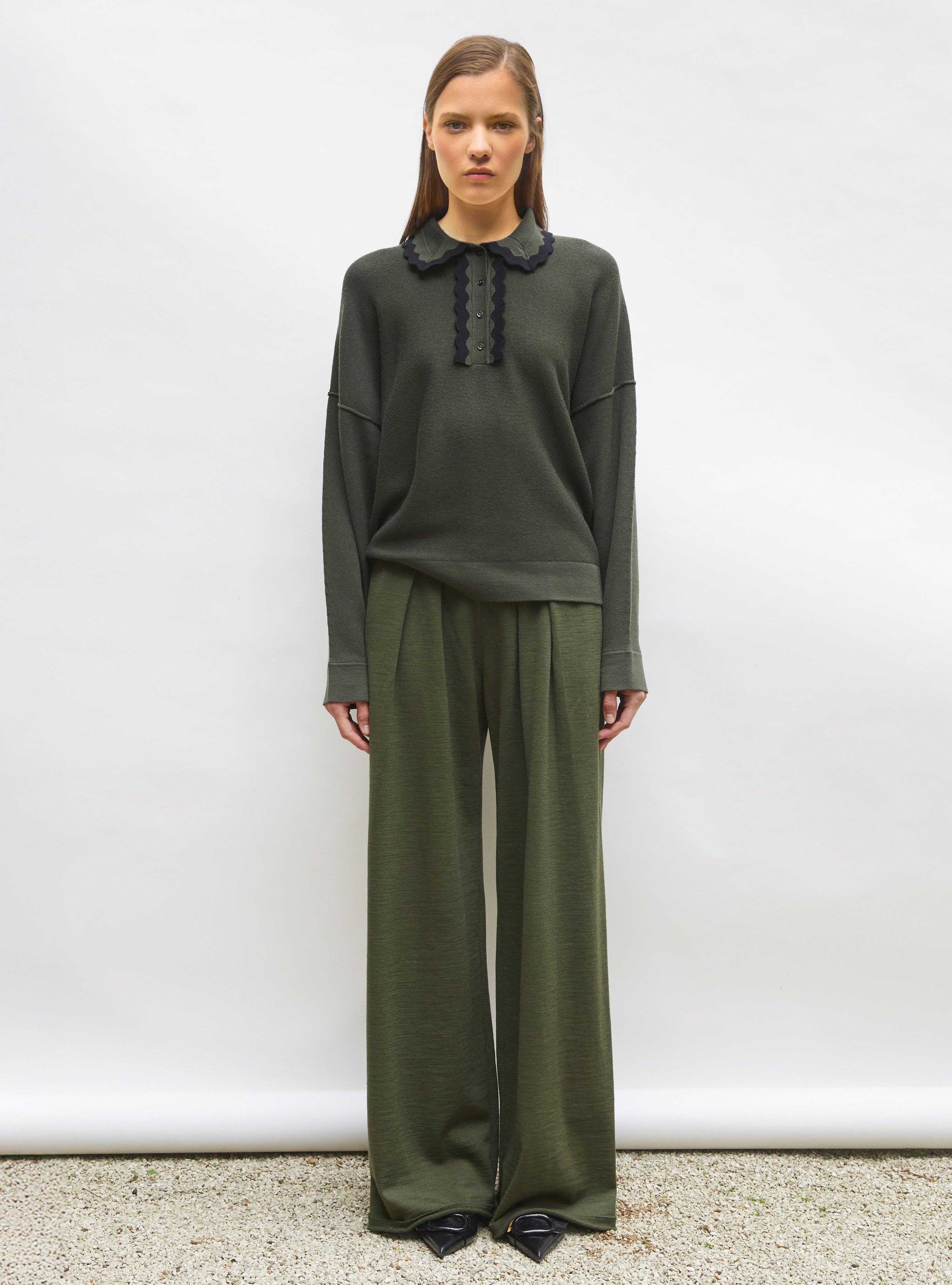 Pantalon fluide maille fine jersey kaki - Vêtement en maille de luxe Molli