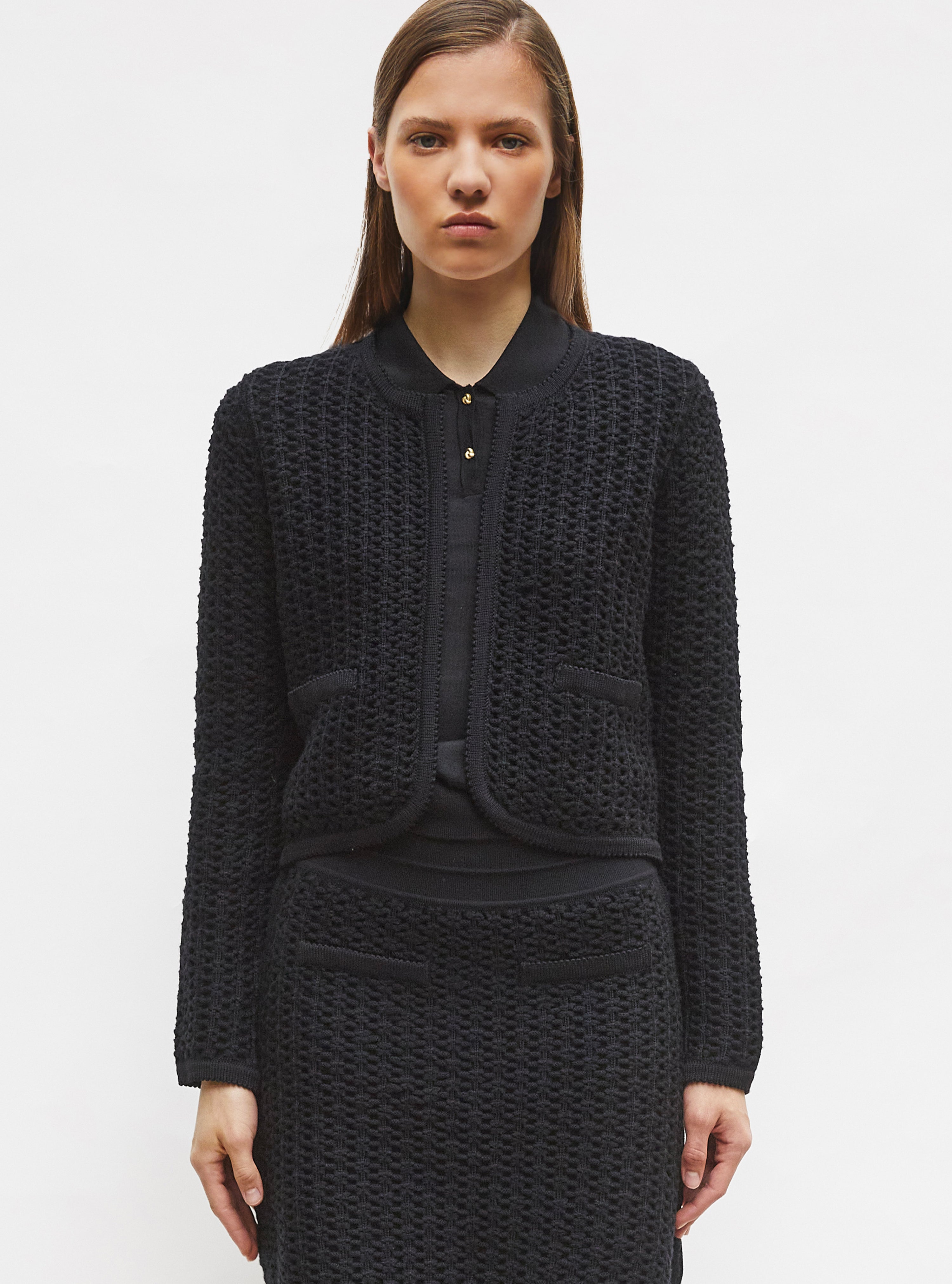 Tops de luxe femme - Veste courte maille tweedée Noir profond