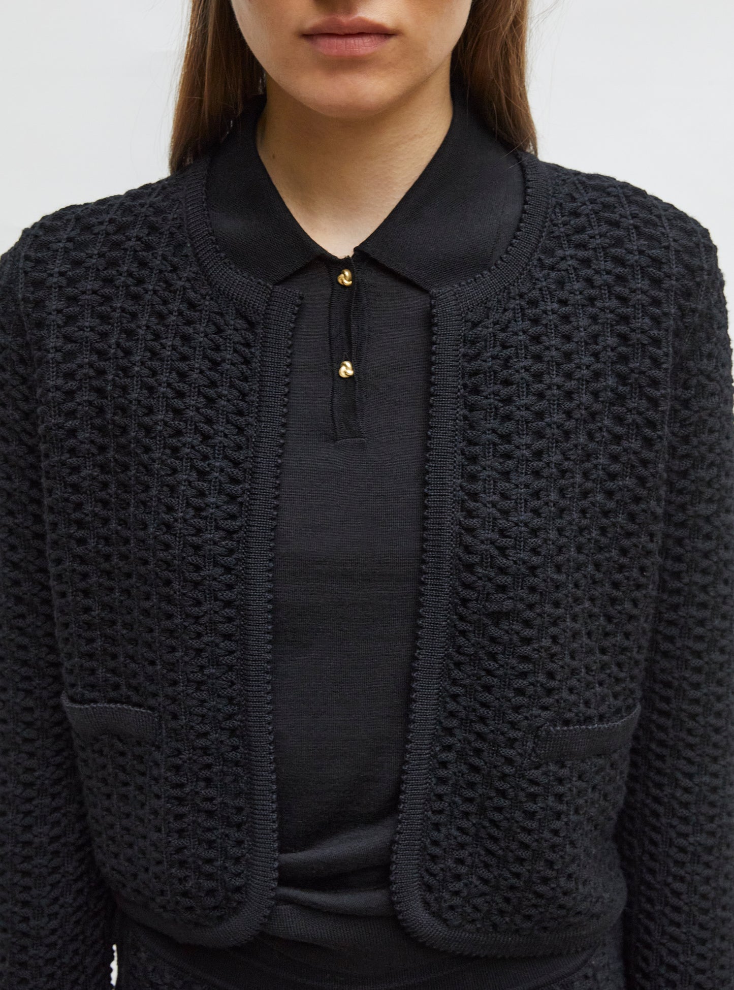 Veste courte maille tweedée Noir profond - Vêtement en maille de luxe Molli
