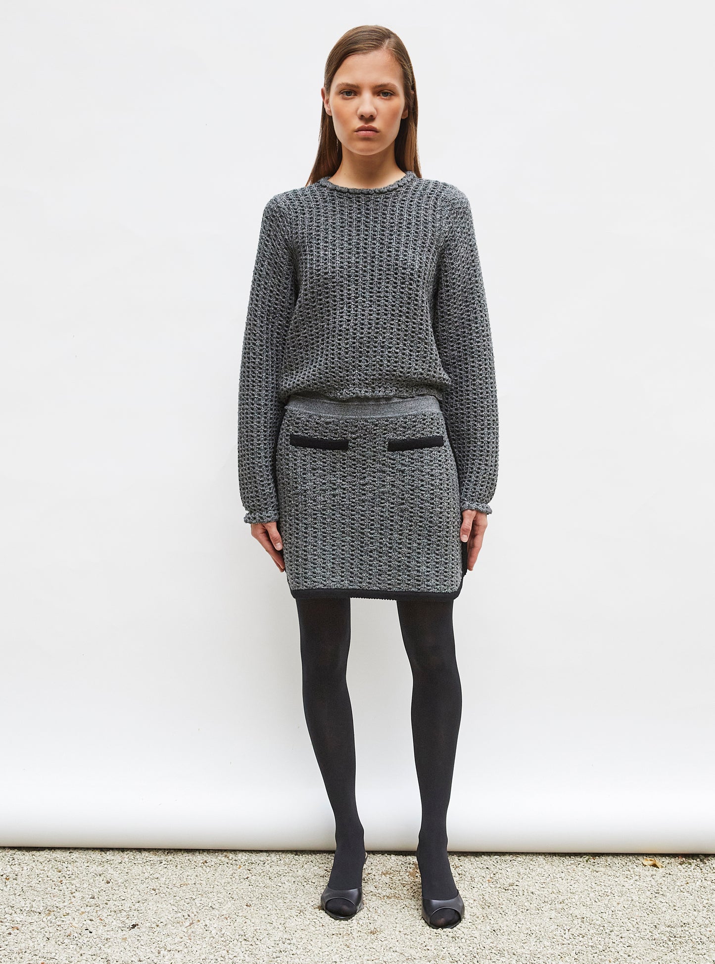 Top col rond maille tweedée Noir mouliné - Jupe de luxe